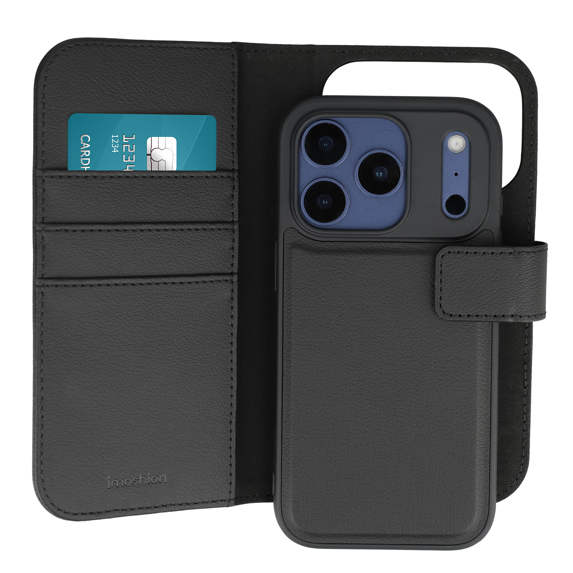 Zwarte leren flip case voor smartphone met kaartsleuven en camerahouder.