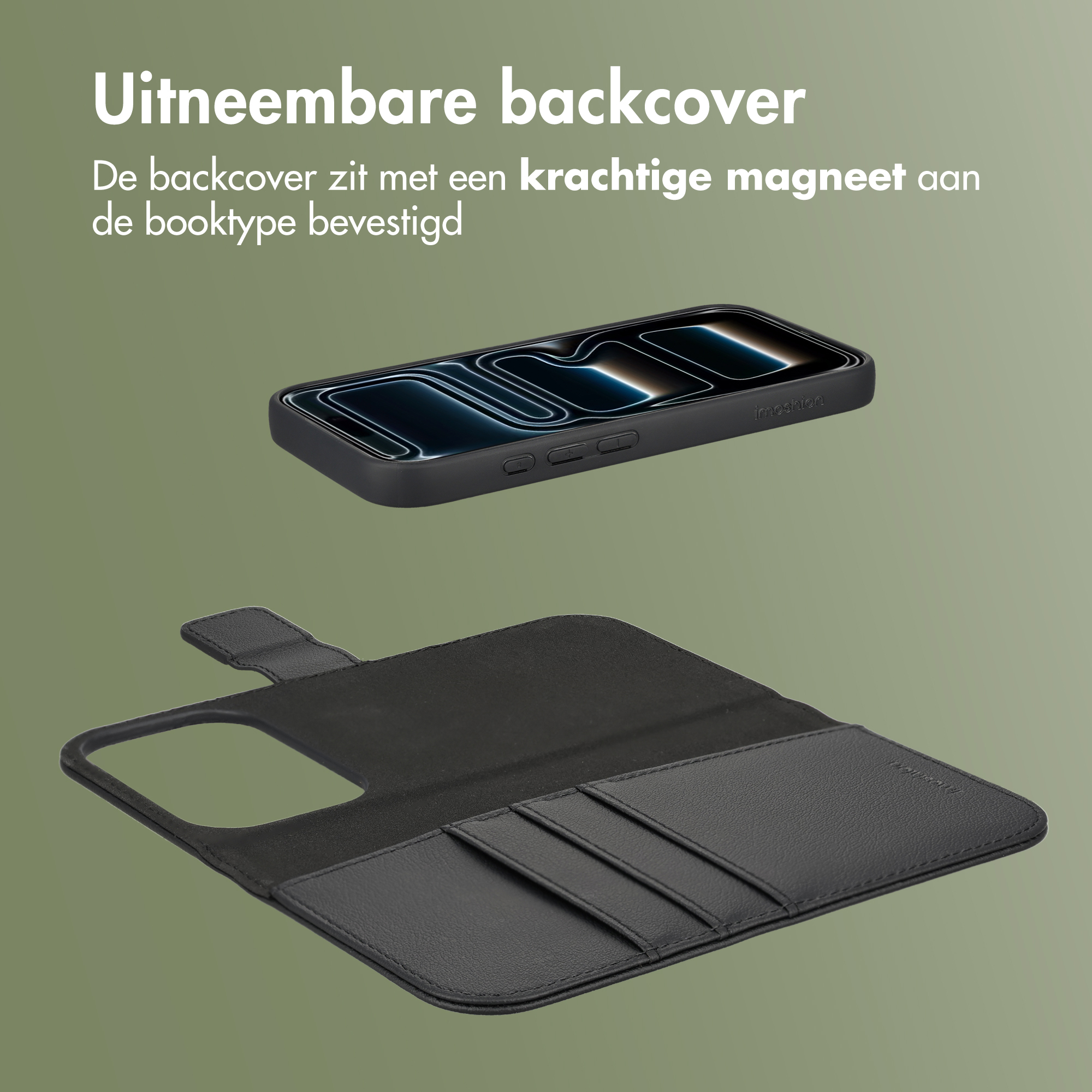 Een zwarte iPhone hoes met afneembare achterkant en kaartsleuven.