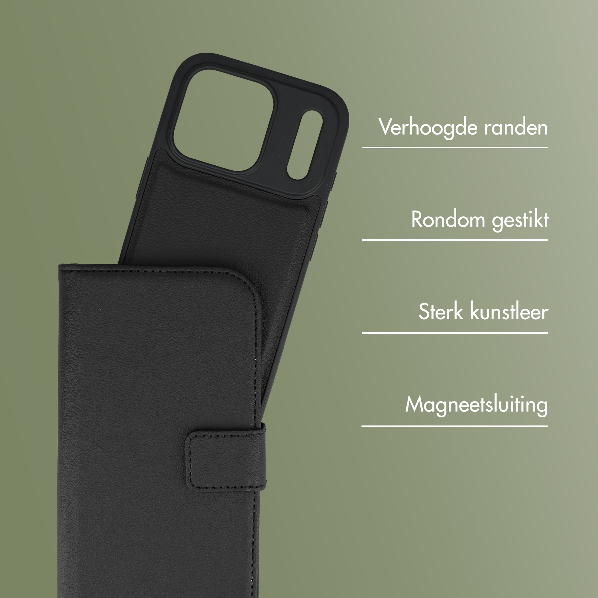 Zwarte telefoonhoes met verhoogde randen en magneetsluiting.