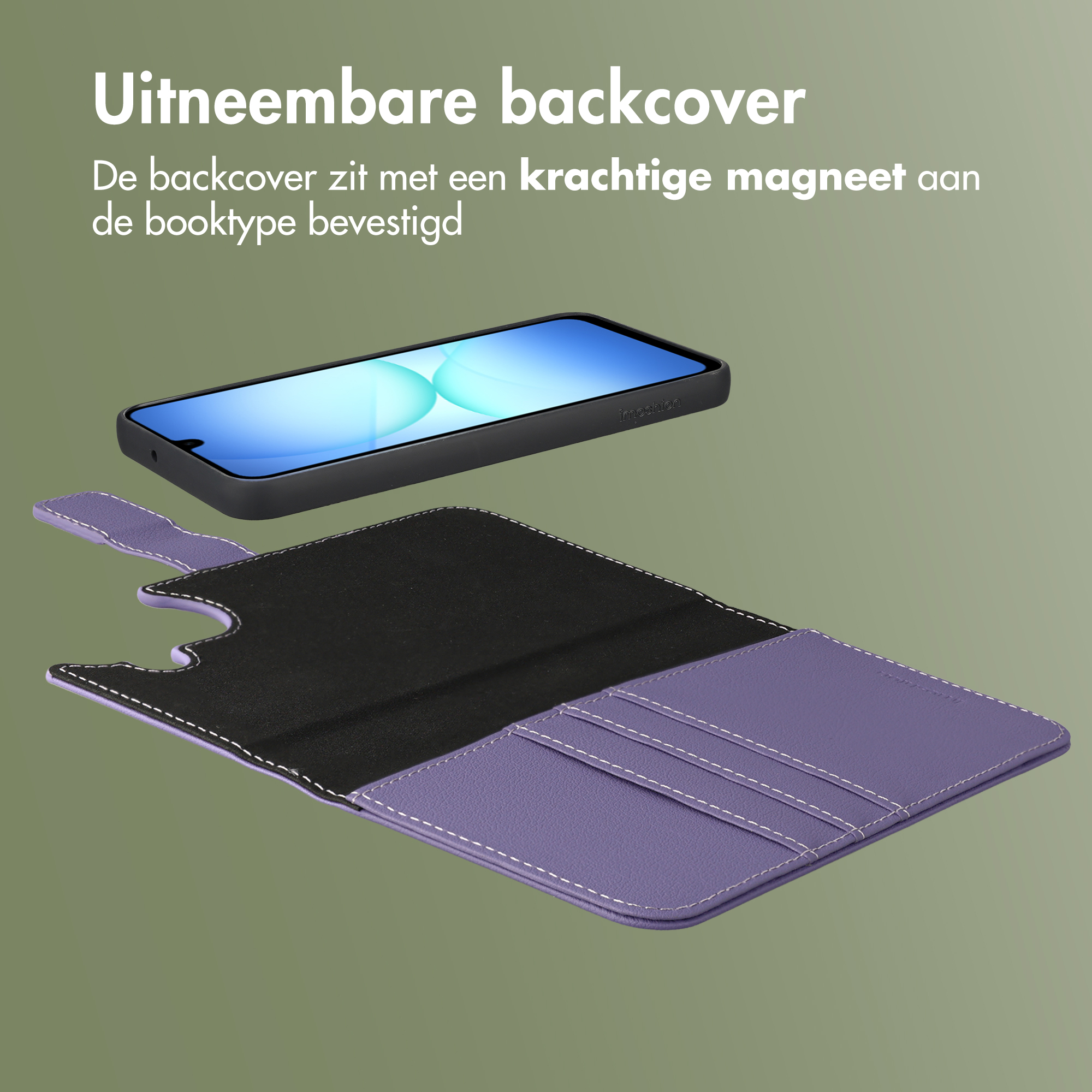 Paarse telefoonhoes met afneembare achterkant en magneetsluiting.