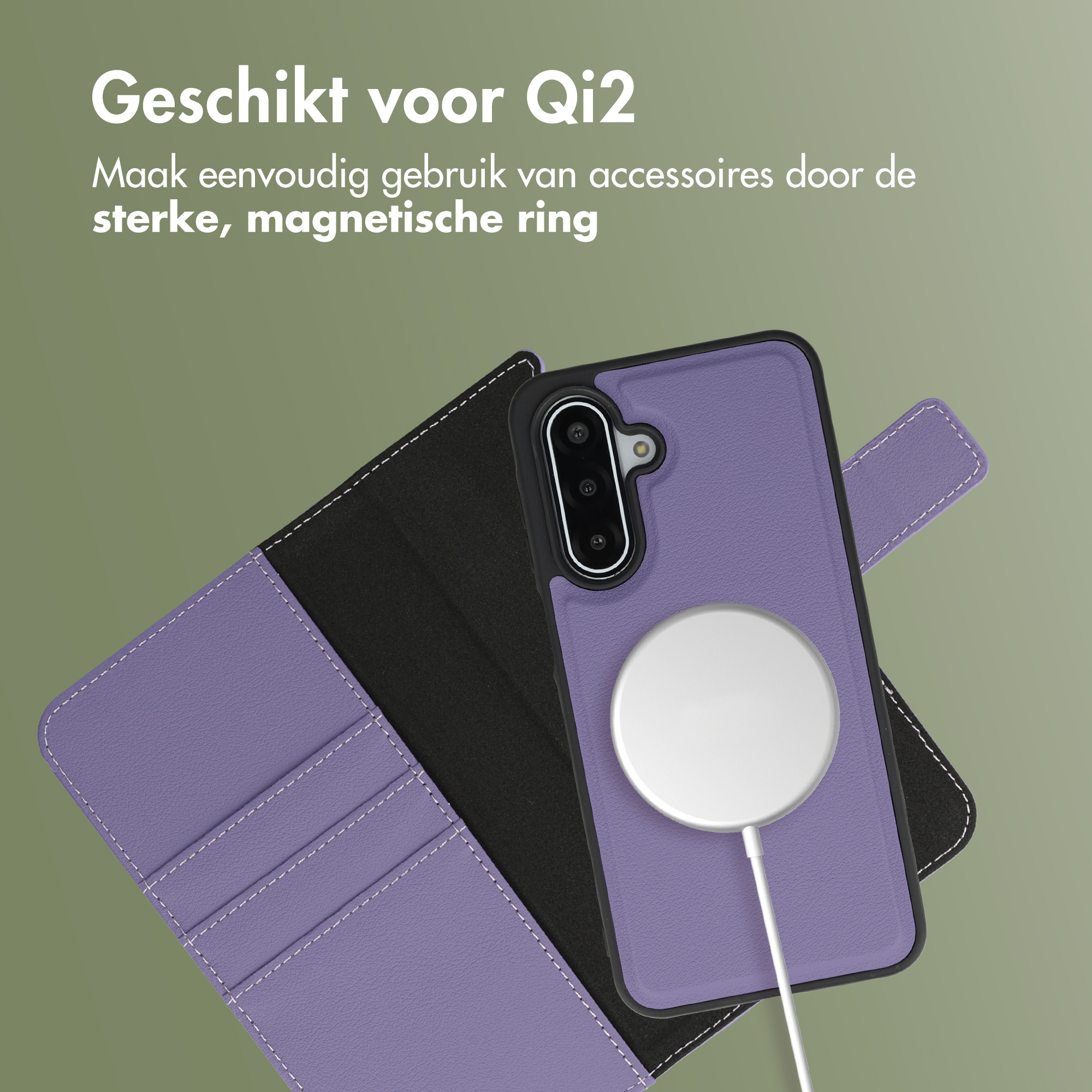 Paarse telefoonhoes met magnetische Qi2-oplader en kaartsleuven.