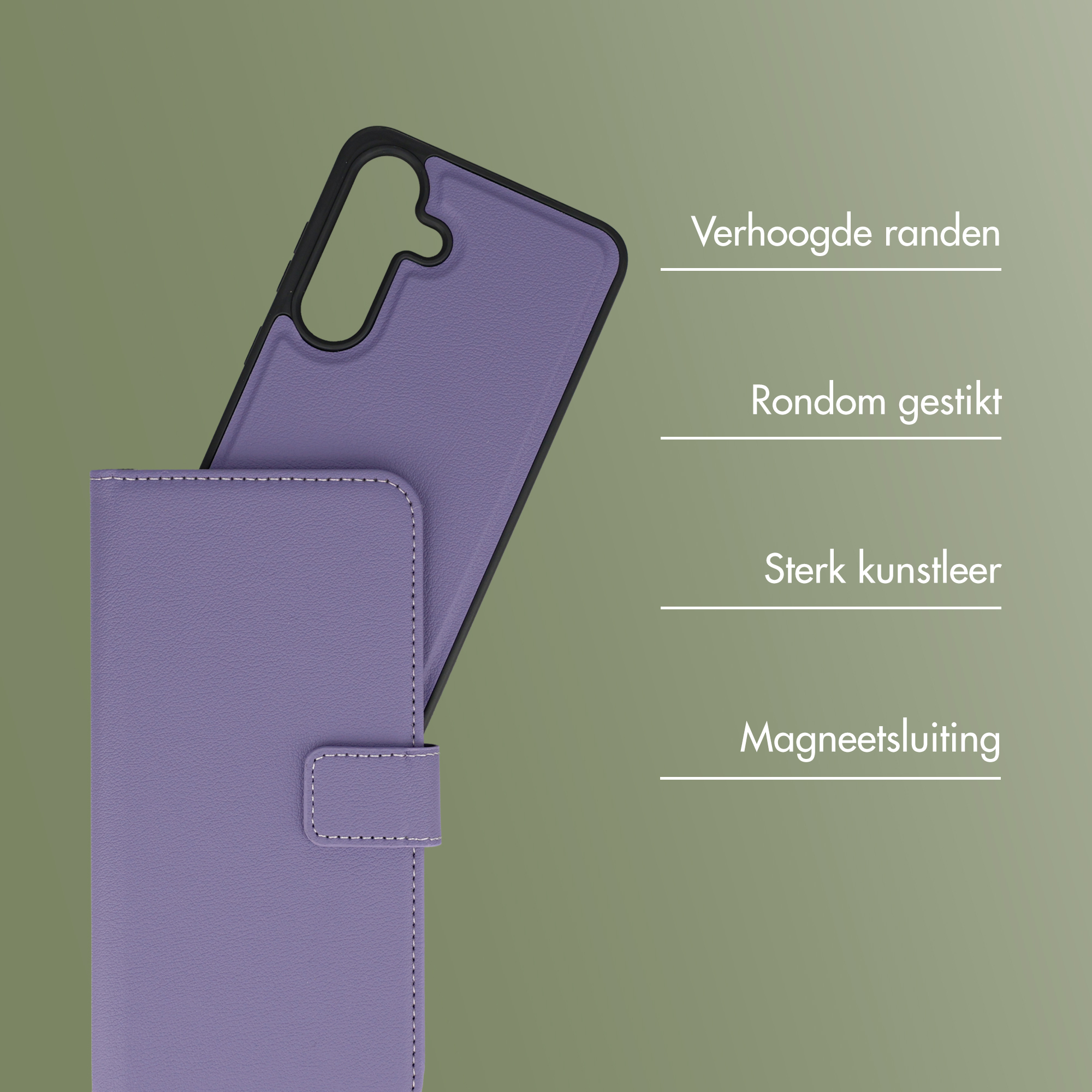 Paarse telefoonhoes met magneetsluiting en stiksels.