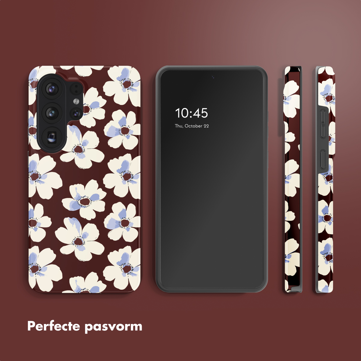 Coque de téléphone à motif floral à côté d'un smartphone.