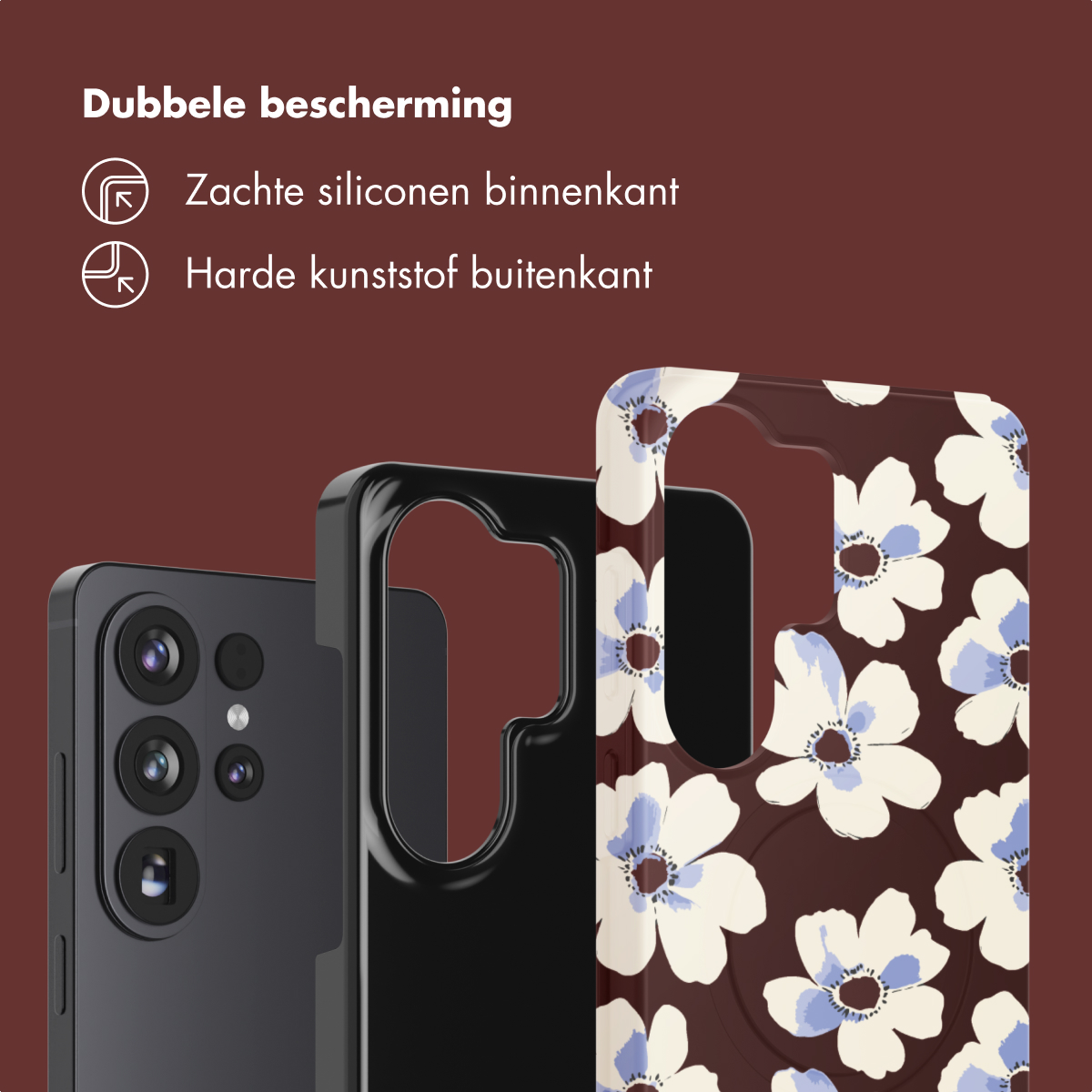 Smartphone noir à côté d'une coque à motif floral bleu, double protection.