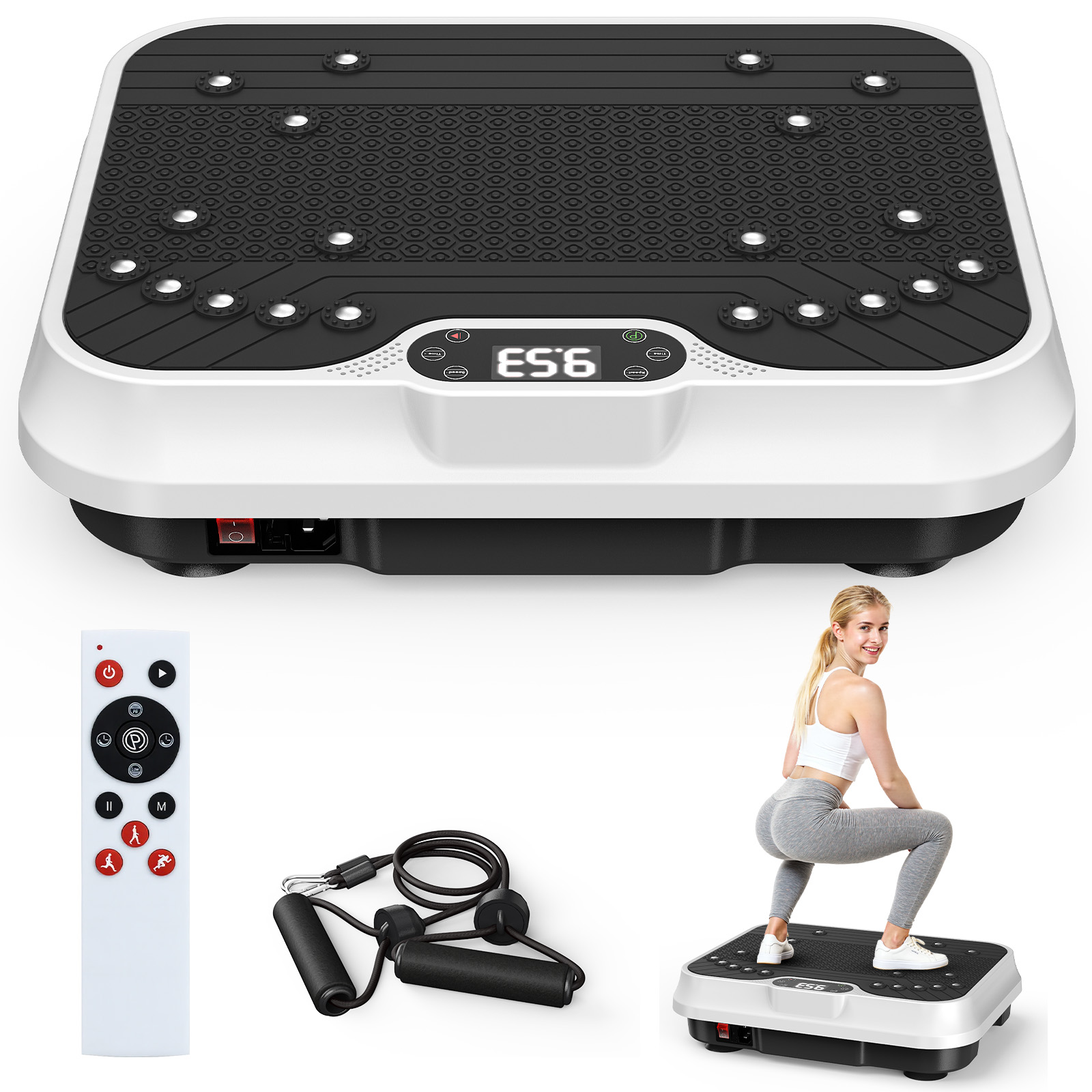 Płyta wibracyjna z pilotem, liną i kobietą w pozycji kucznej.