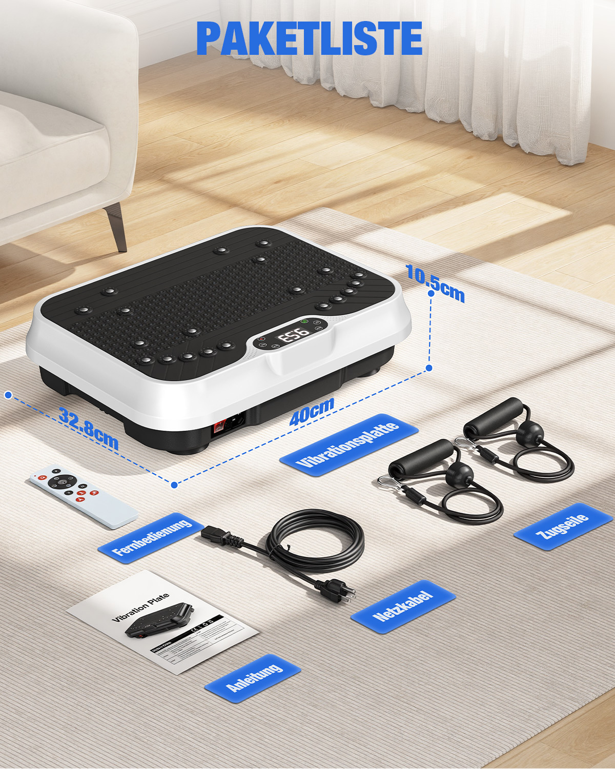 Płyta wibracyjna z pilotem, kablem i linkami oporowymi na podłodze.