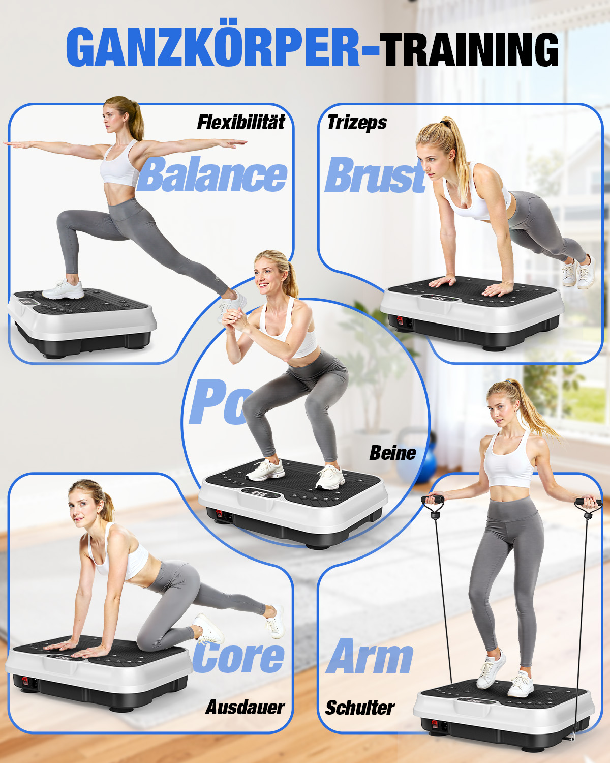 Kobieta wykonuje trening całego ciała na płycie wibracyjnej z różnymi ćwiczeniami.