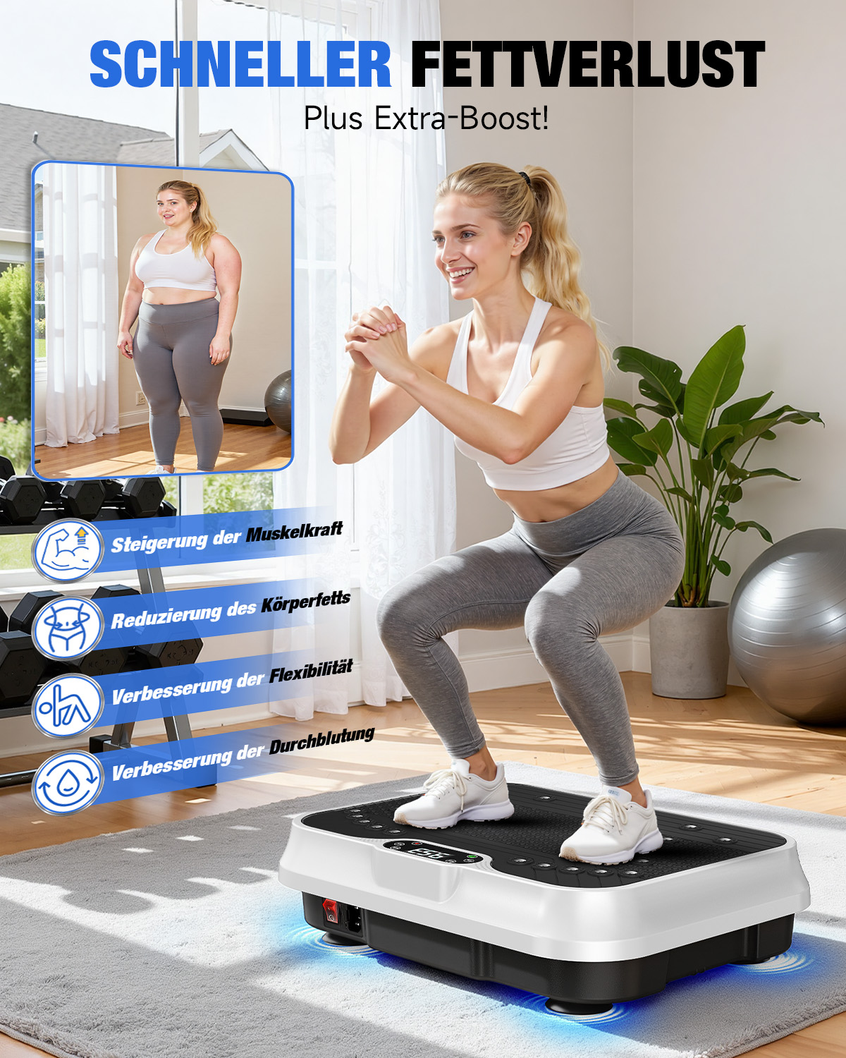 Kobieta kuca na platformie wibracyjnej. Zdjęcia przed/po utracie wagi.