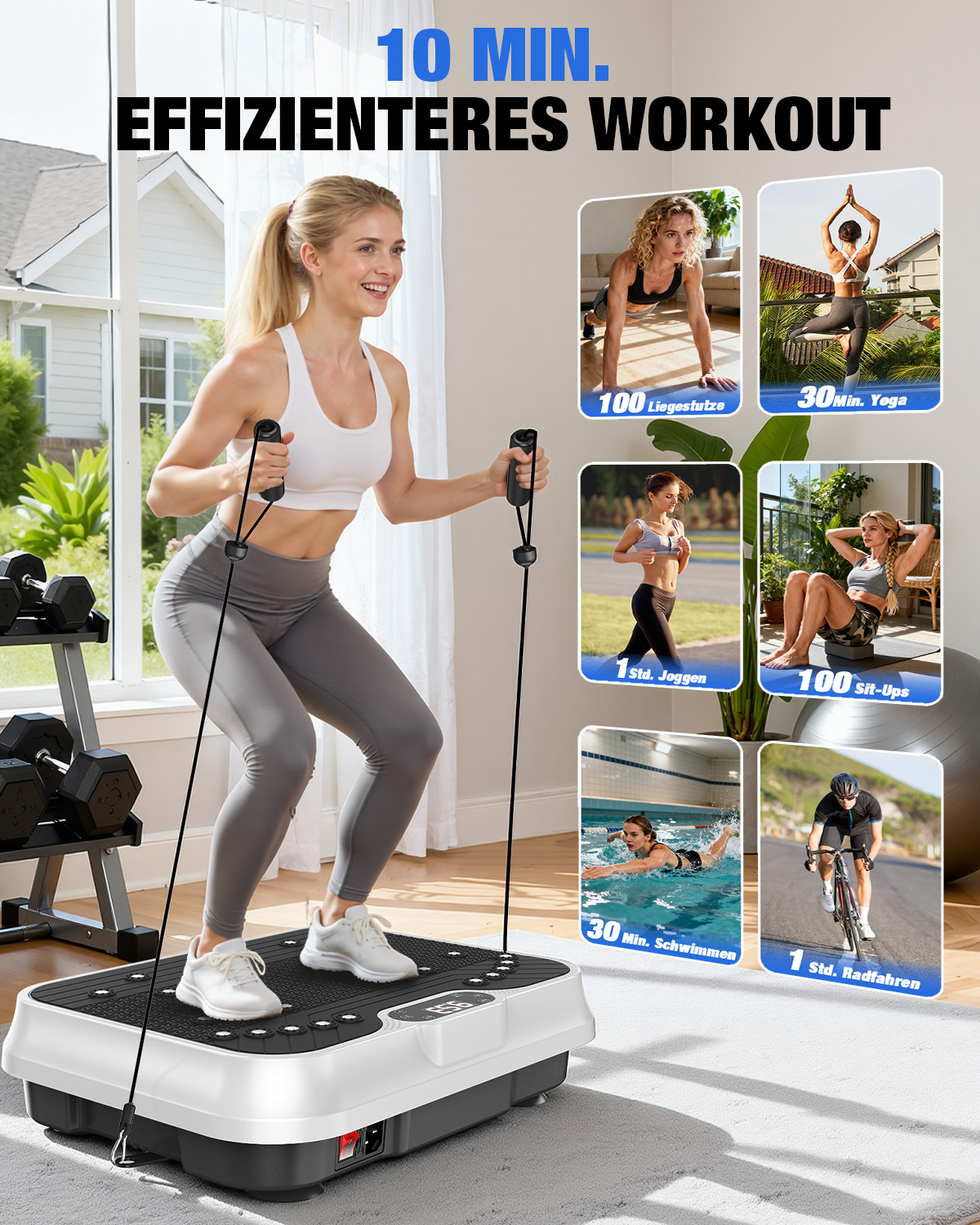 Kobieta ćwiczy na platformie wibracyjnej z linkami. Kolaż pokazuje jogę, bieganie, jazdę rowerem.