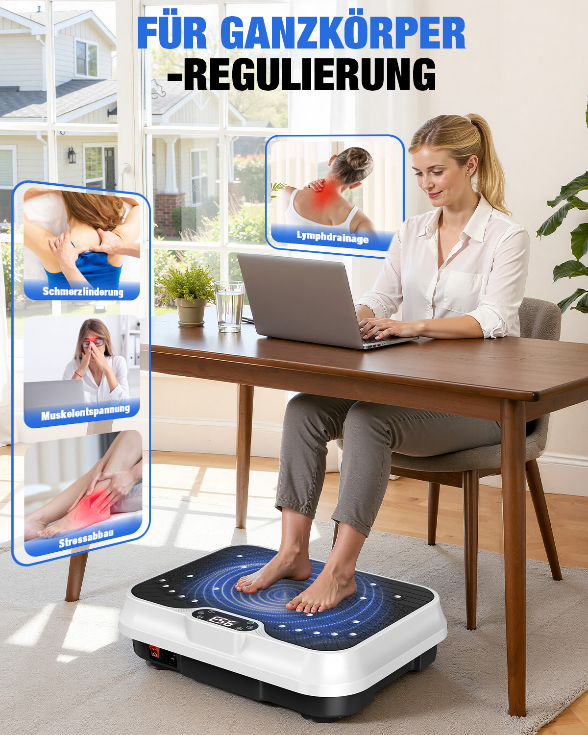 Kobieta używa platformy wibracyjnej przy biurku, z obrazami drenażu limfy, łagodzenia bólu, redukcji stresu.