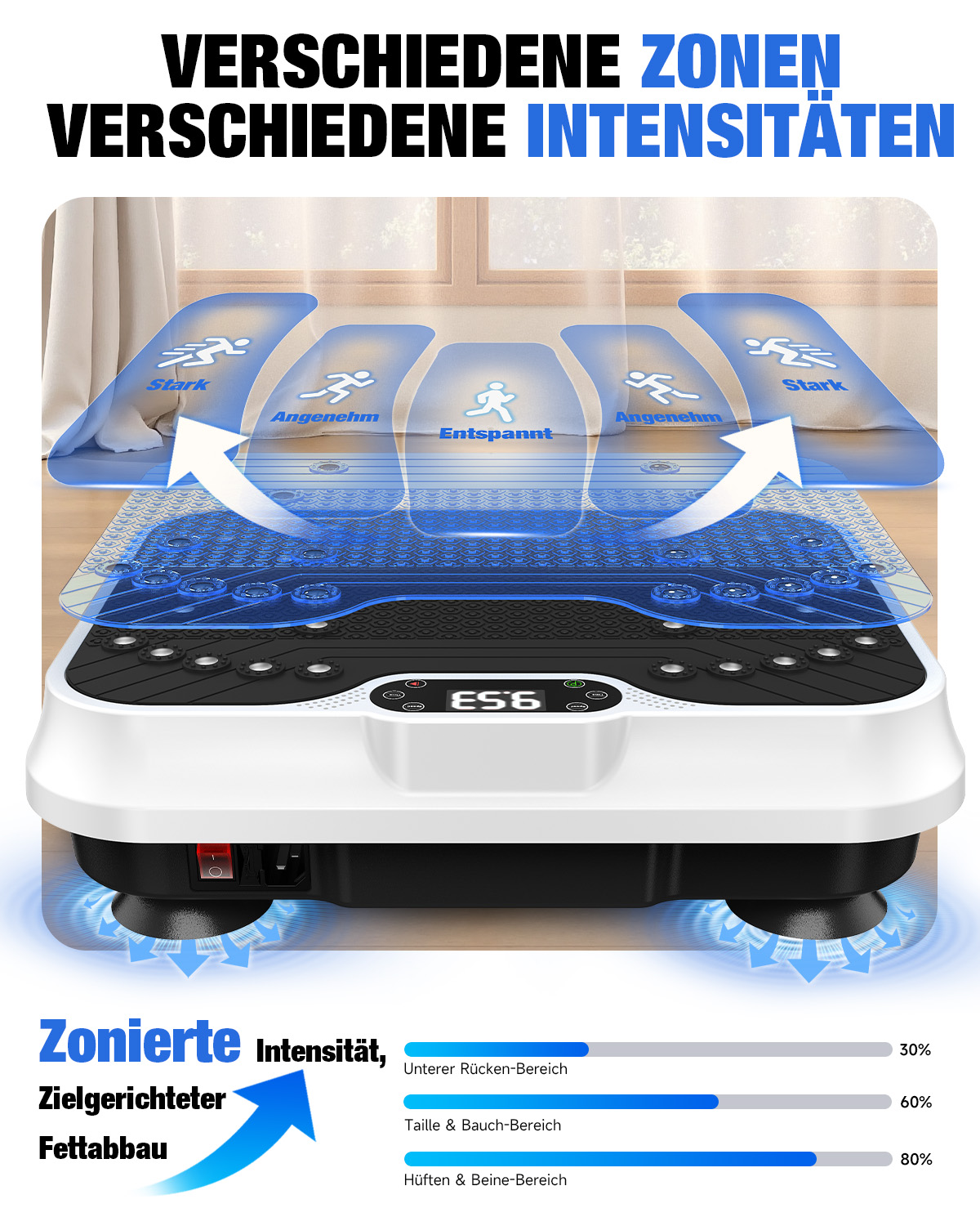 Platforma wibracyjna ze strefami i poziomami intensywności do redukcji tkanki tłuszczowej.