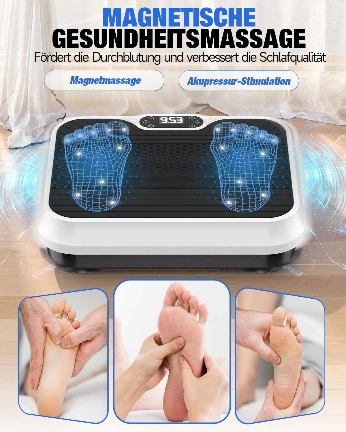 Masażer do stóp z niebieską siatką, pokazujący różne masaże stóp.