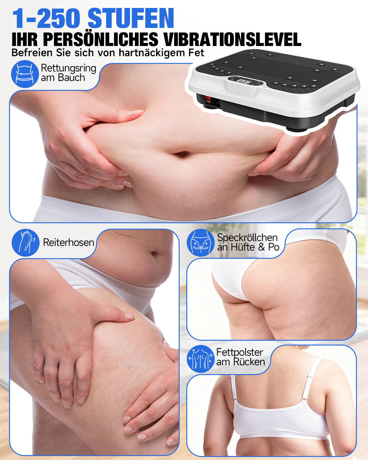 Kolaż pokazuje brzuch, uda i plecy, z płytą wibracyjną.