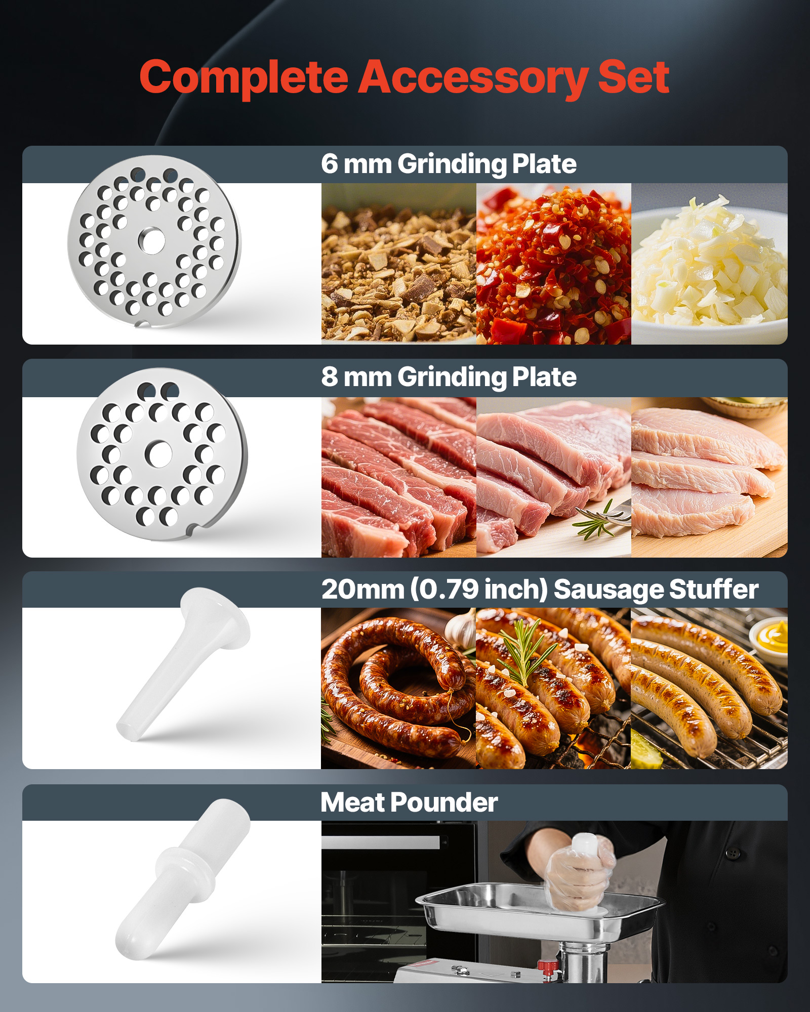 Accesorios para picadora de carne: platos, embutidora, ablandador.