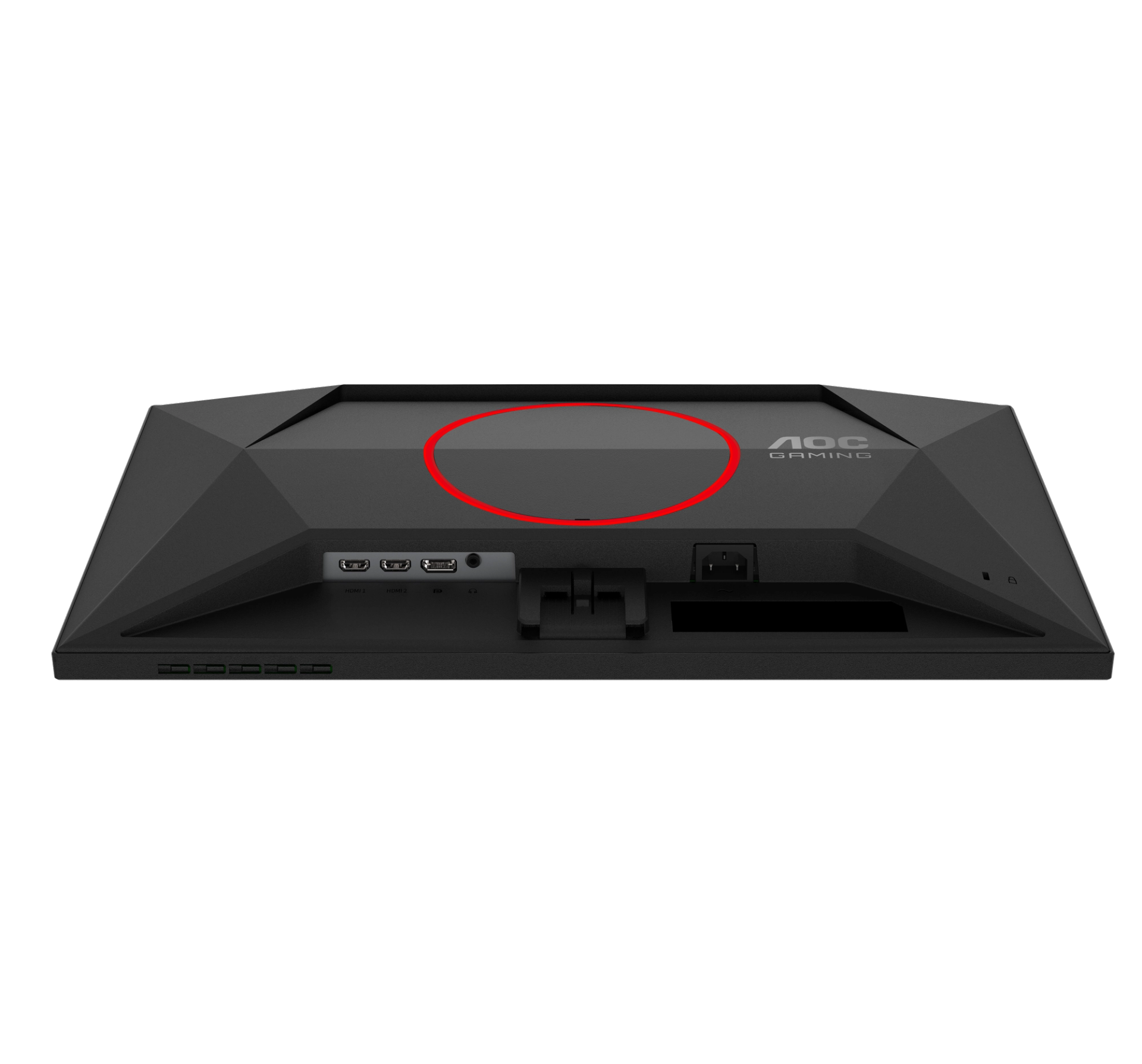 Back view of a black AOC Gaming monitor with ports and logo.
