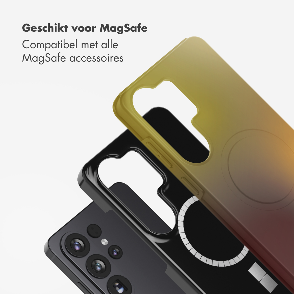Trois coques de téléphone : dégradé jaune-rouge et noir, une pour accessoires MagSafe.