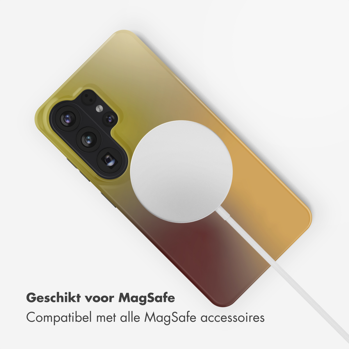 Un téléphone jaune-orange avec chargeur MagSafe et appareil photo sur fond blanc.
