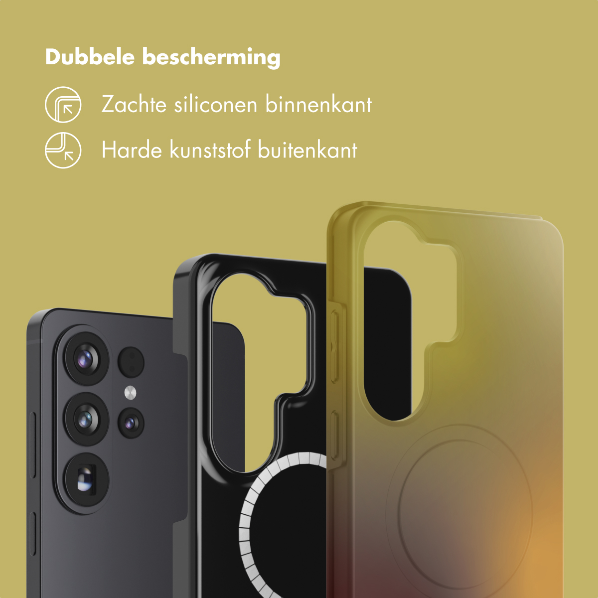 Trois coques de téléphone : noire avec appareil photo, noire et dégradé jaune-rouge.