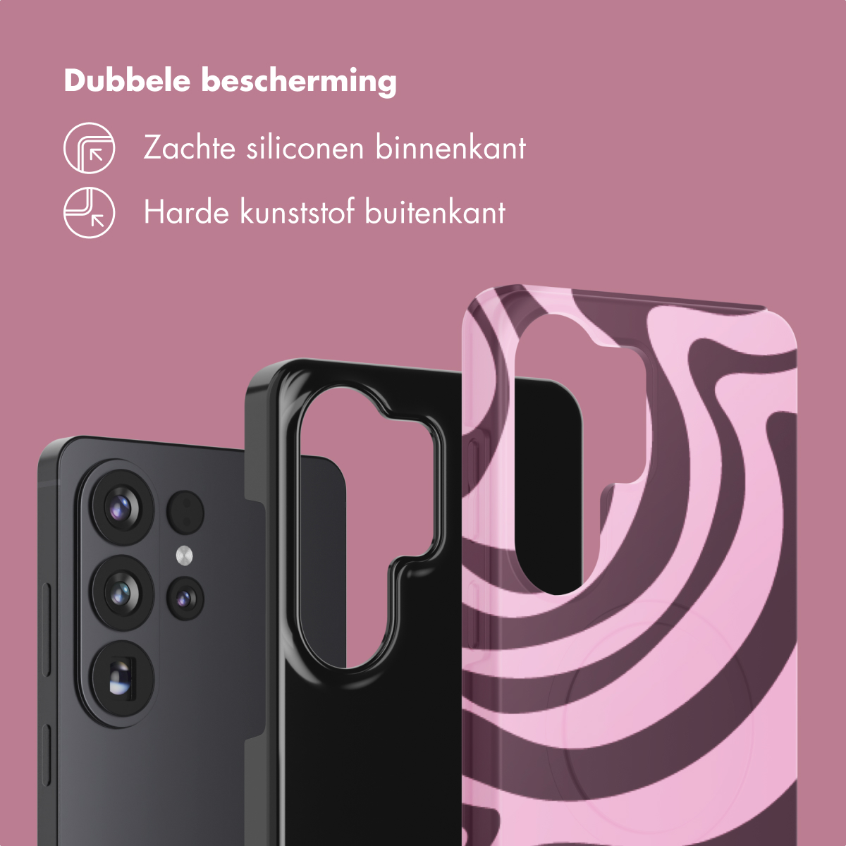 Un smartphone noir avec trois appareils photo, à côté d'étuis noirs et roses rayés.