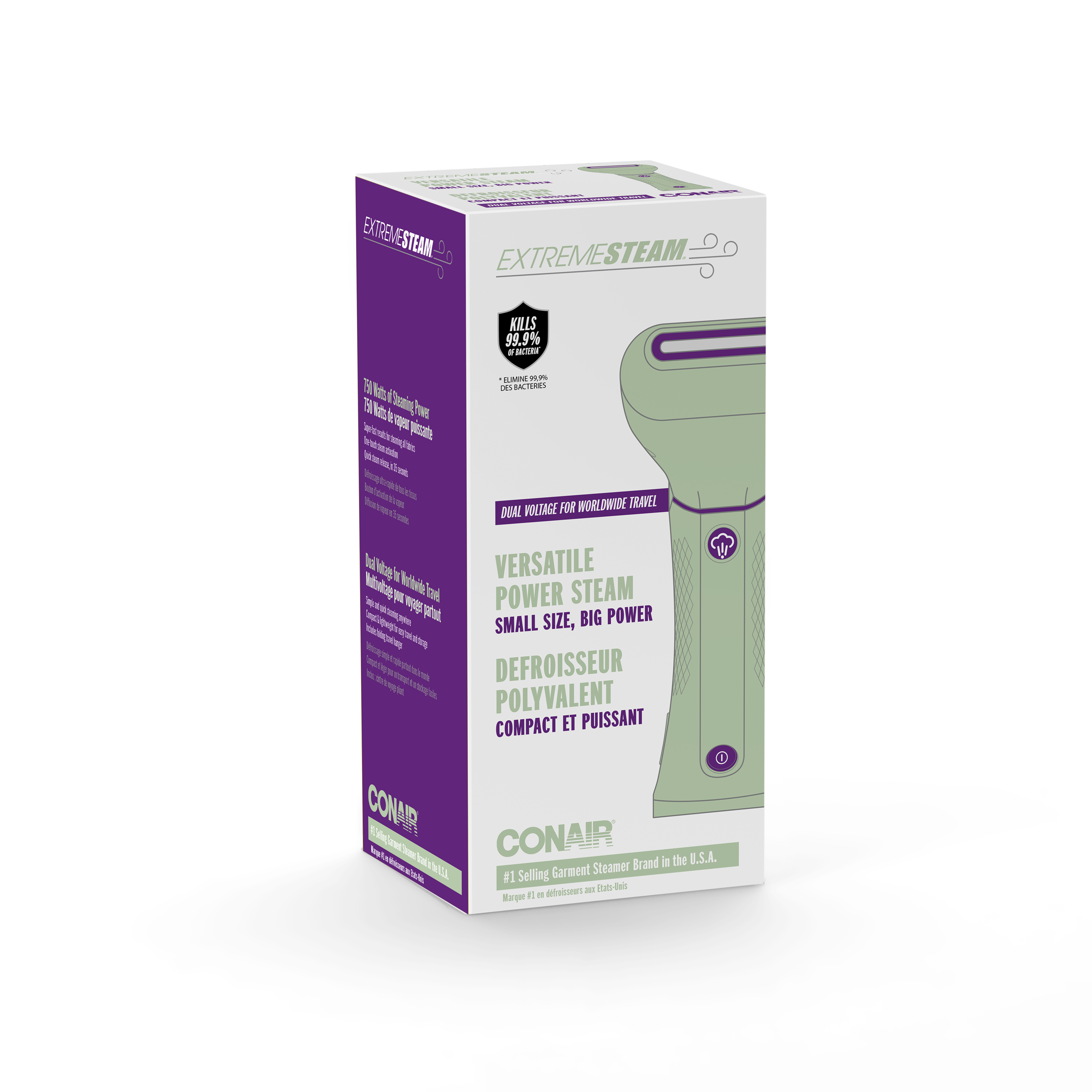 Packaging for a green garment steamer with purple accents and product details.