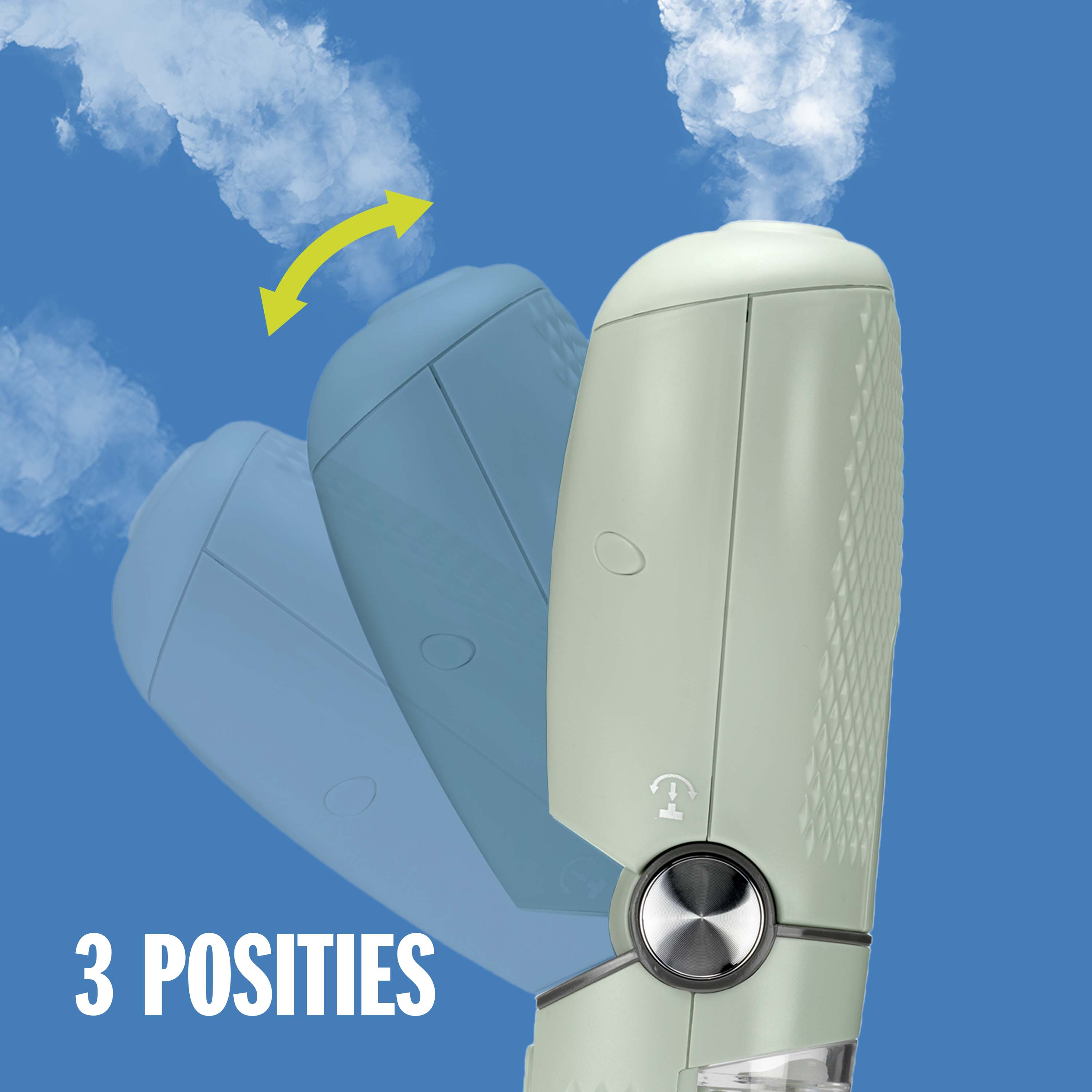 A light green device with three positions emitting steam.