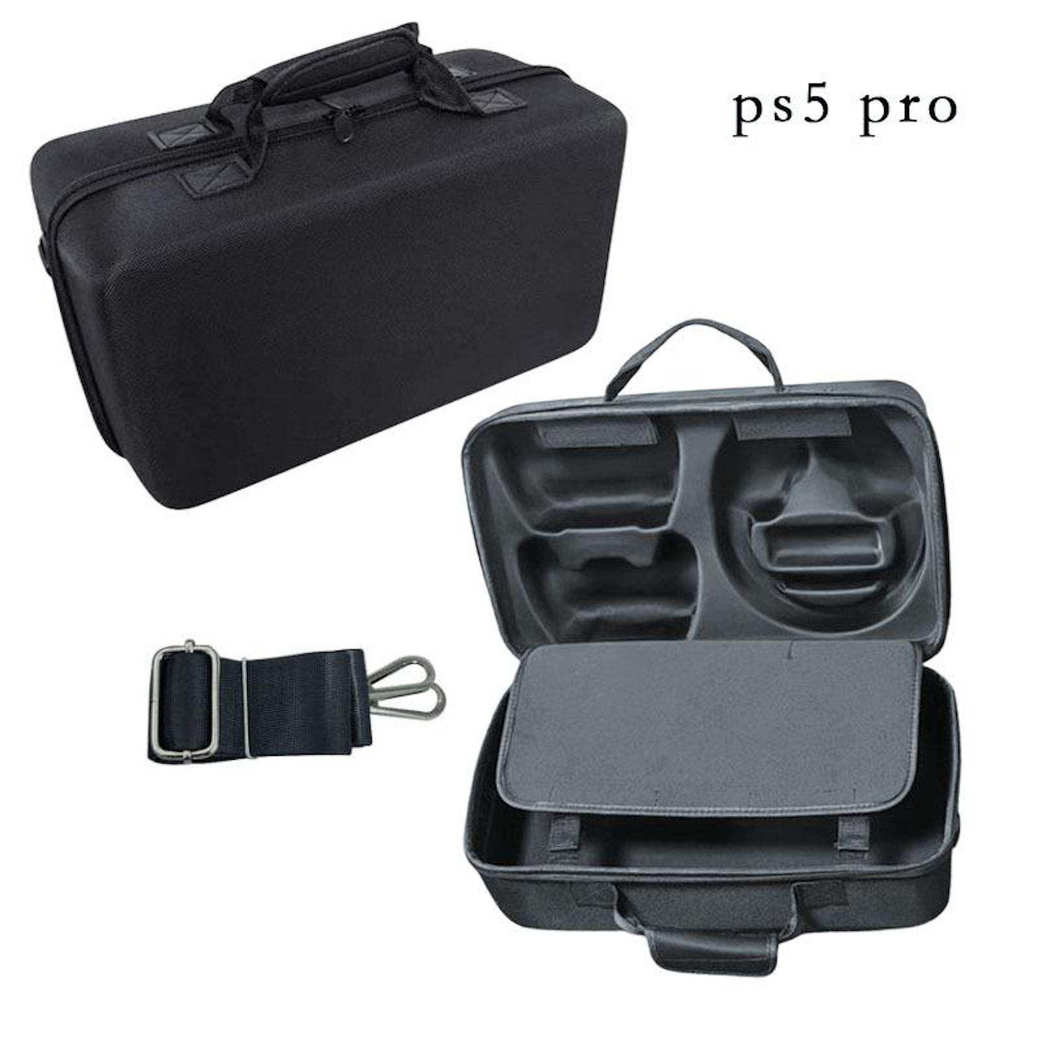 Funda negra para PS5 Pro con compartimentos interiores y correa.