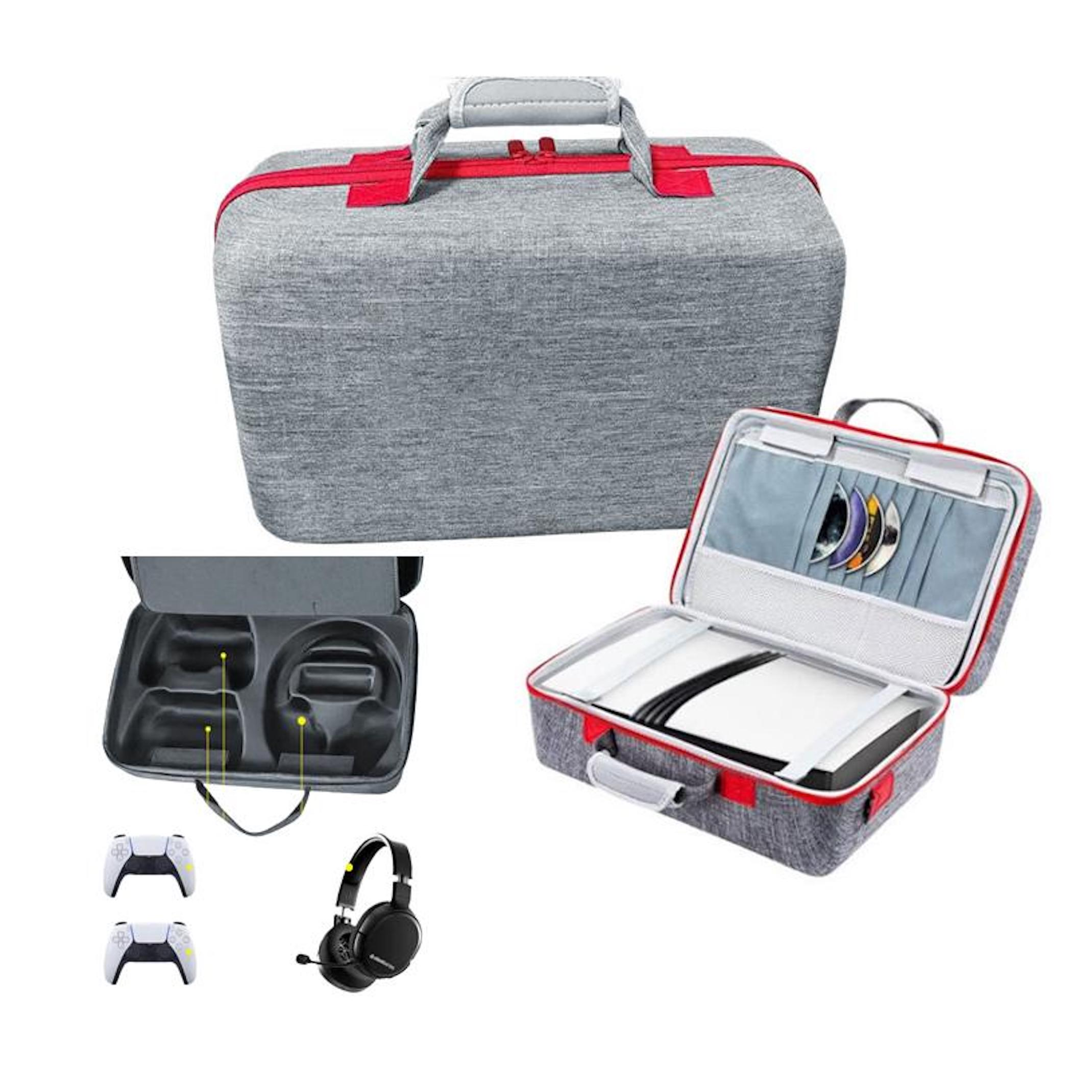 Estuche gris con detalles rojos, abierto mostrando juegos, consola, mandos.