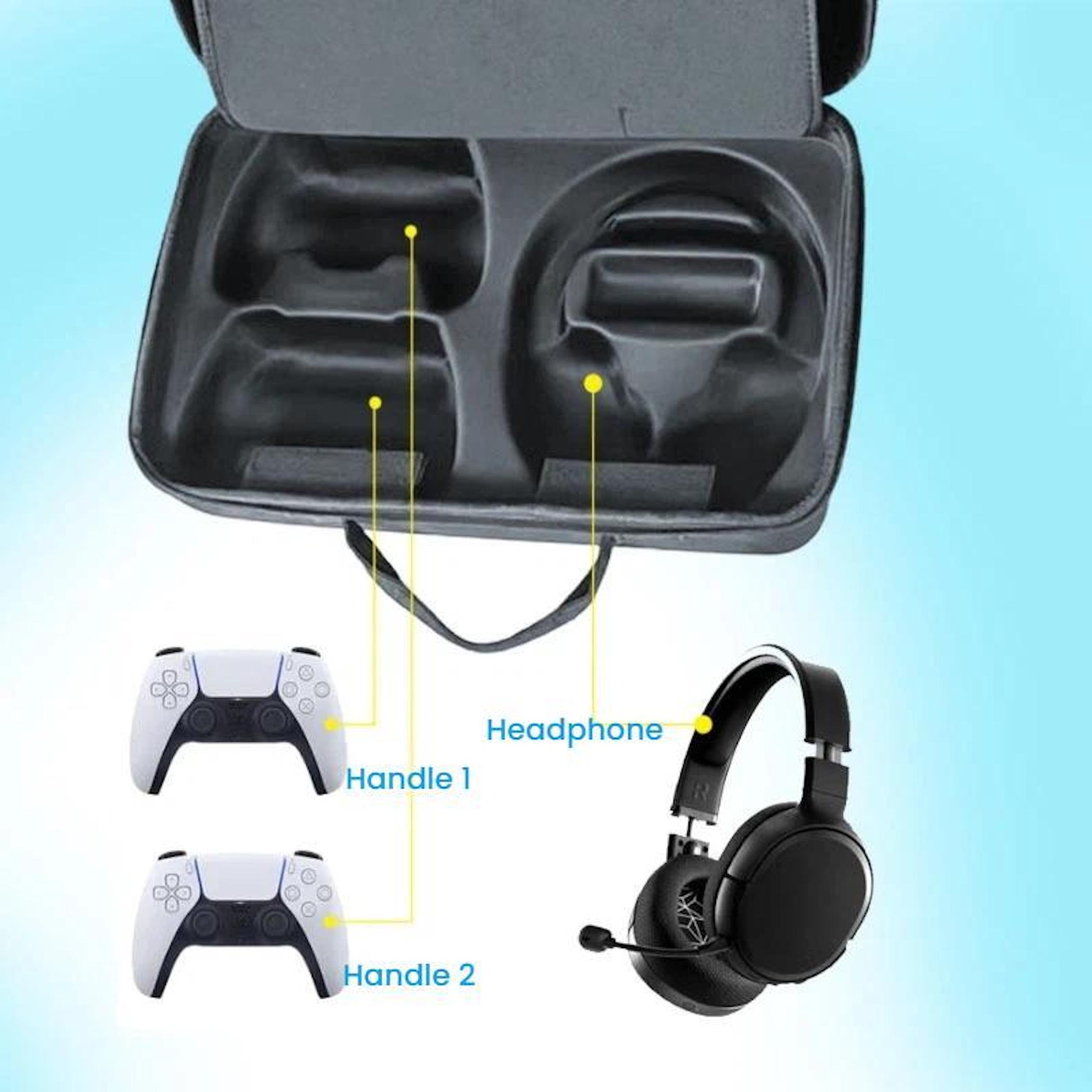 Auriculares negros y mandos blancos junto a una funda abierta con compartimentos.