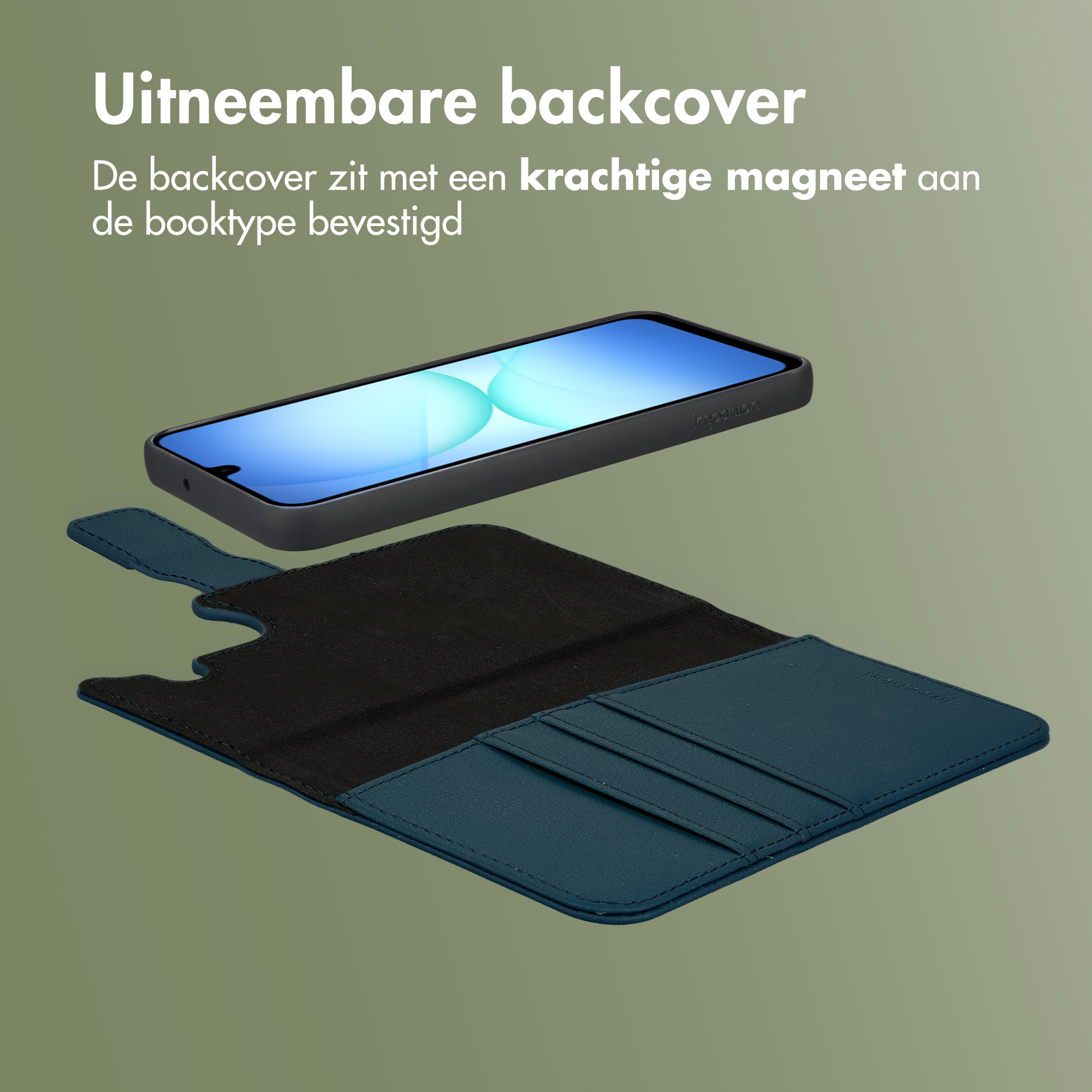 Afneembare telefoonhoes met magnetische bevestiging aan boekcover.