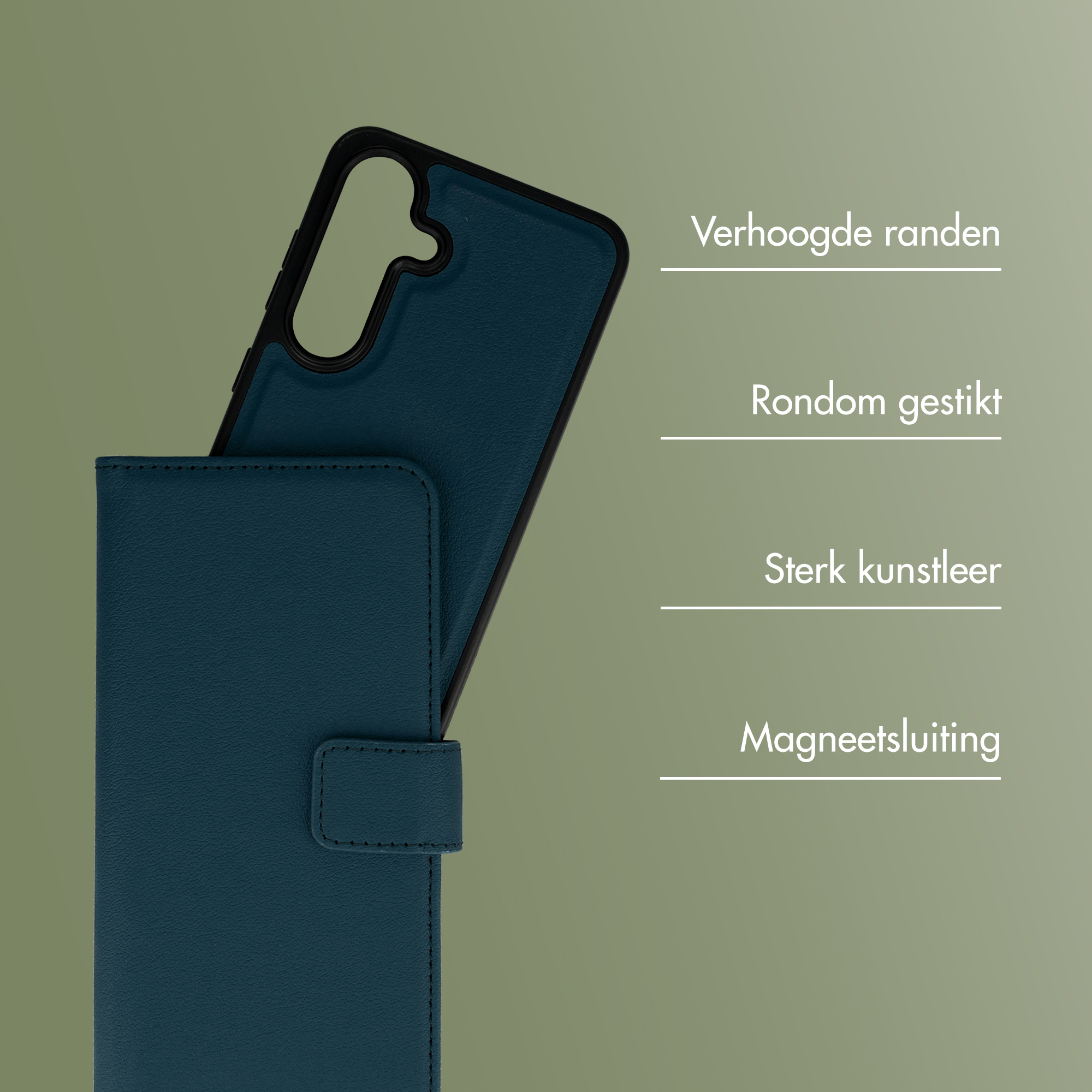 Donkerblauwe telefoonhoes van kunstleer met verhoogde randen en magneetsluiting.