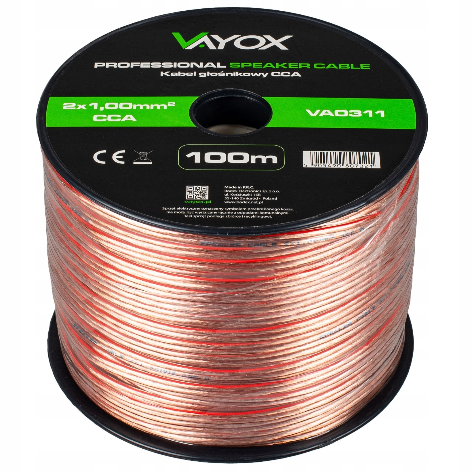 Eine Spule mit 100m 2x1,00mm² CCA-Lautsprecherkabel von Vayox.