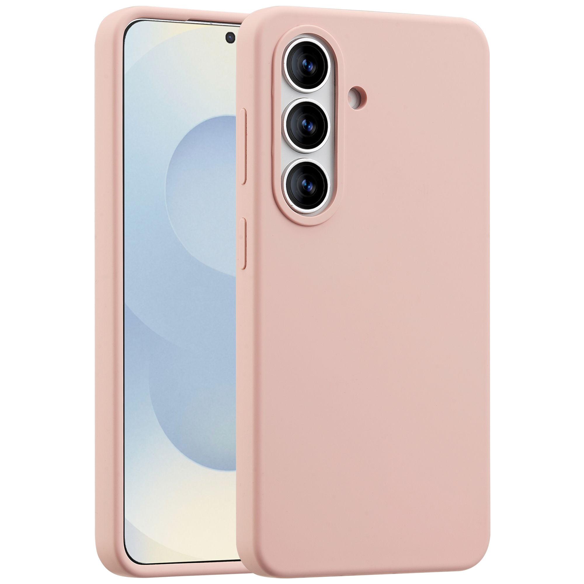 Een roze telefoon met drie camera's aan de achterkant, in een beschermhoes.