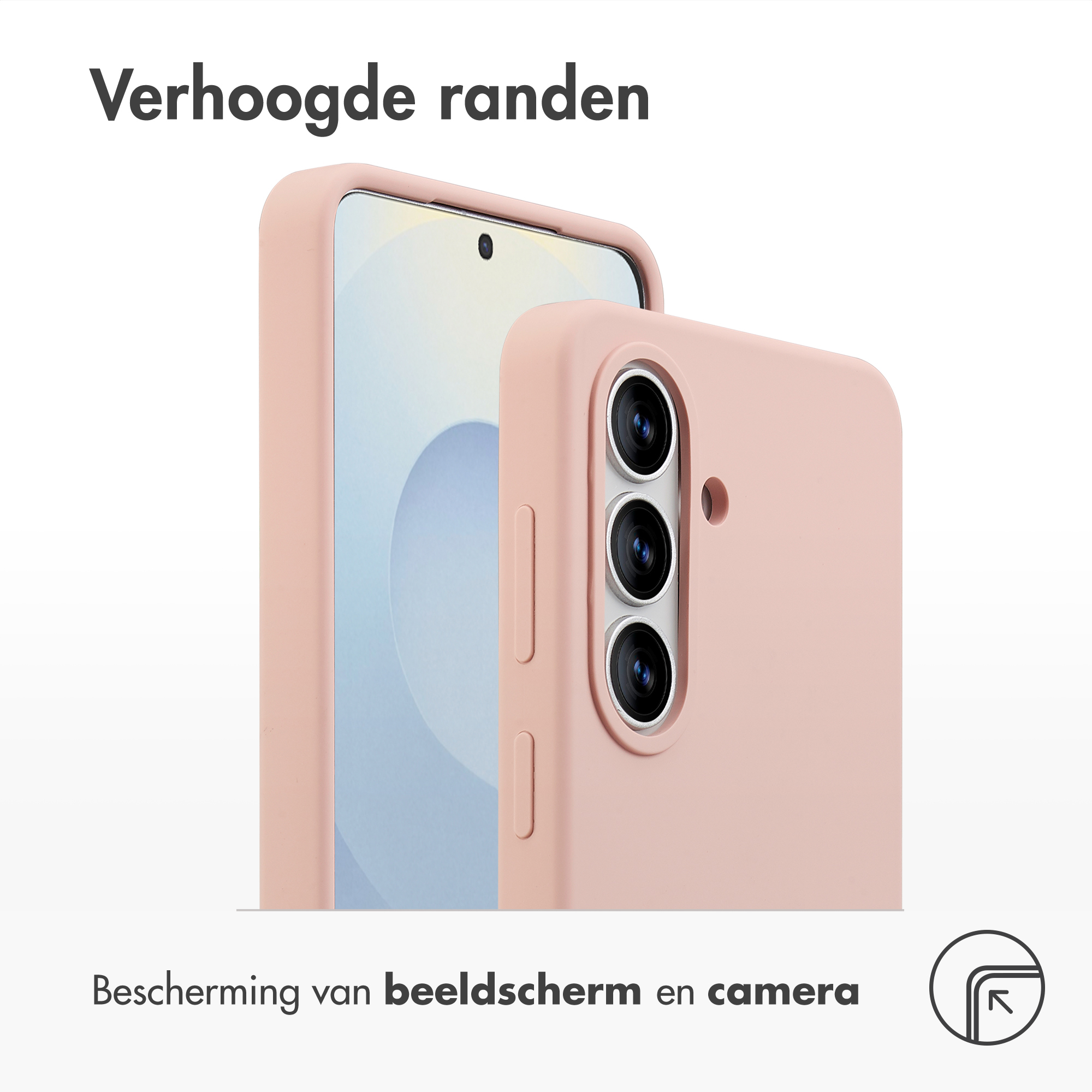 Een roze telefoonhoes met verhoogde randen beschermt scherm en camera.