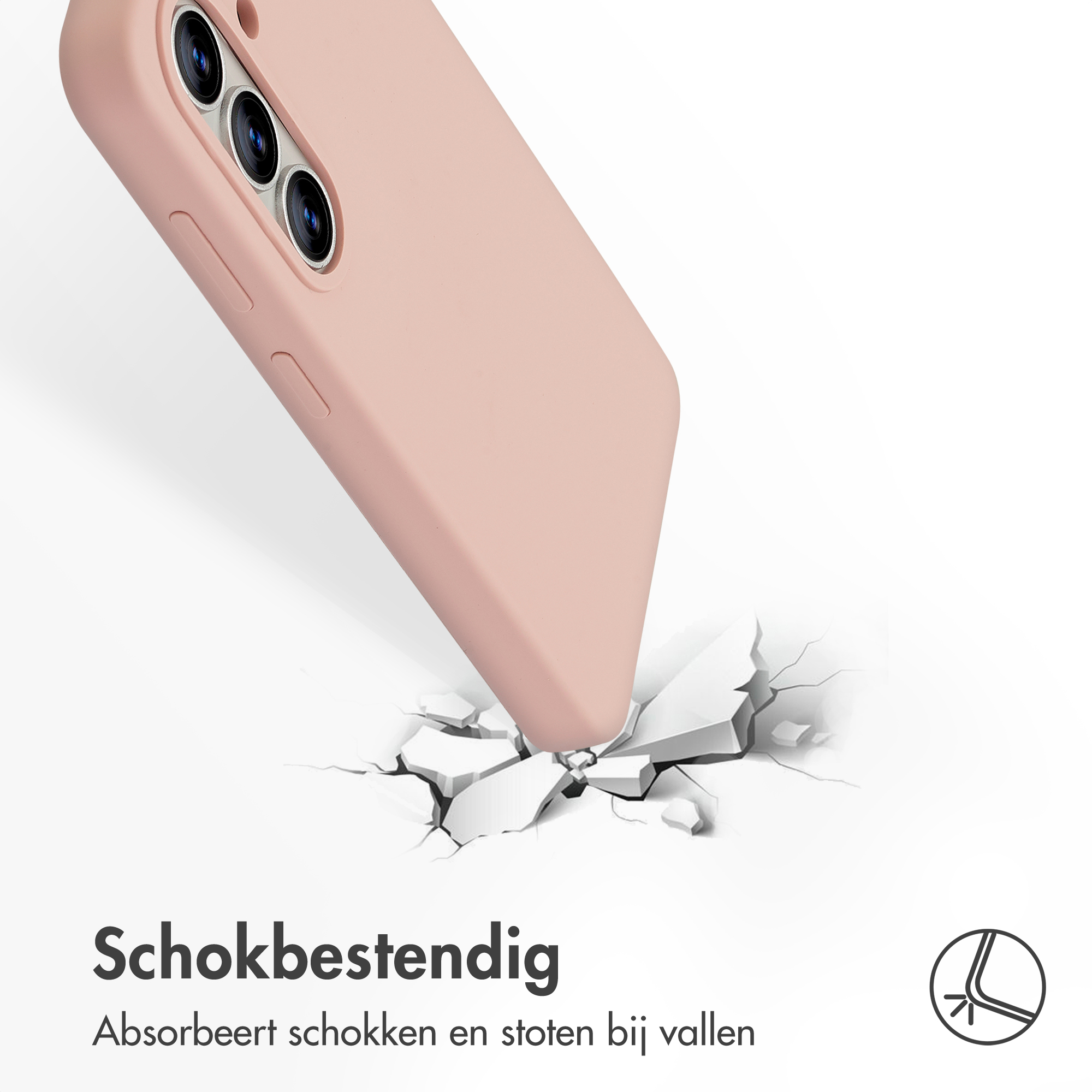 Een roze telefoonhoes breekt door een wit oppervlak.