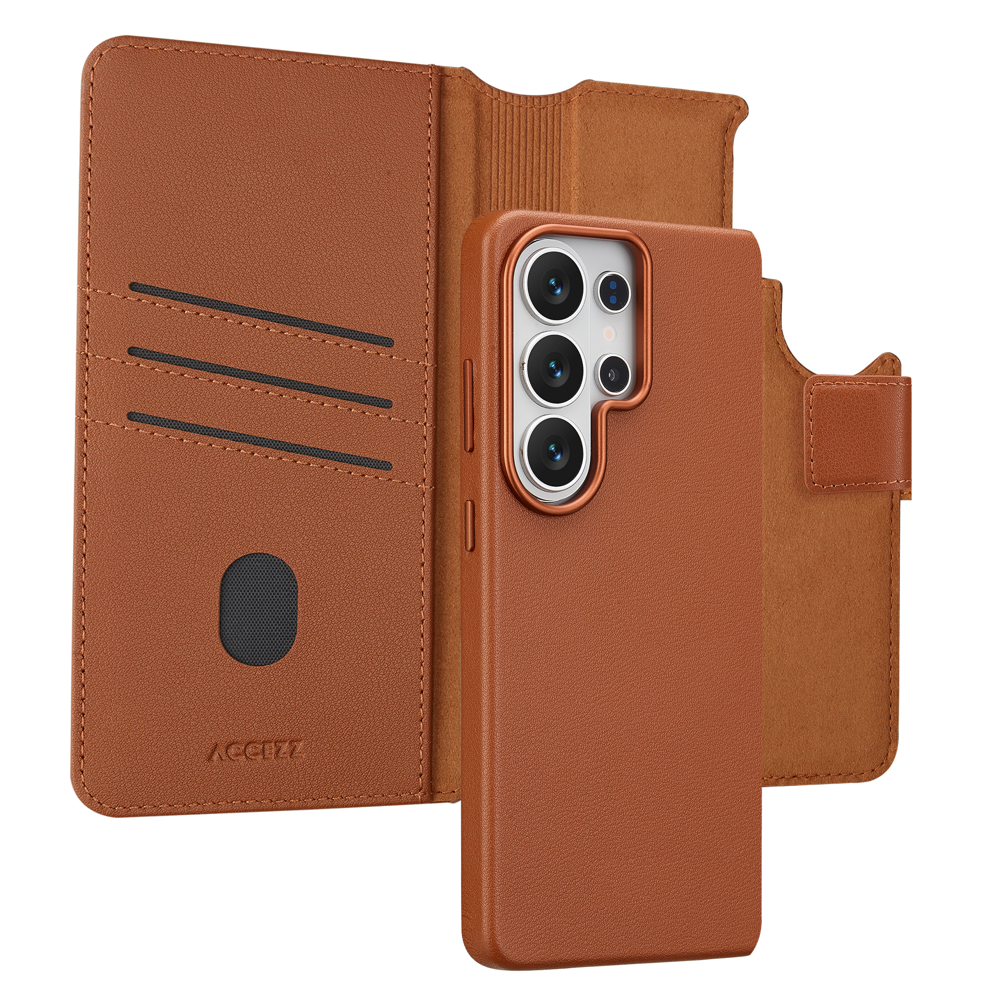 Étui de téléphone marron avec fentes pour cartes et téléphone. Fond blanc.