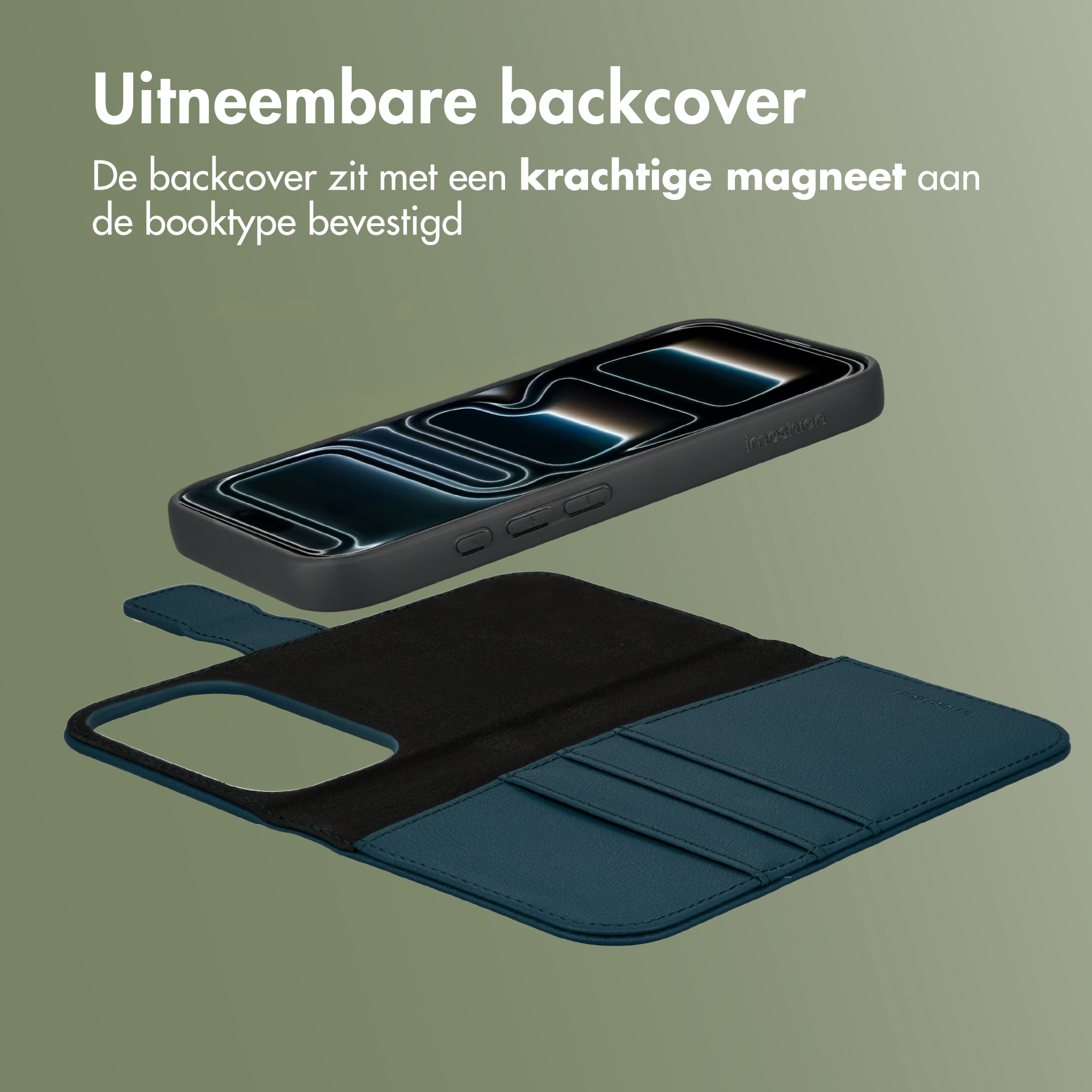 Een afneembare zwarte telefoonhoes en een blauwe portemonnee liggen naast elkaar.