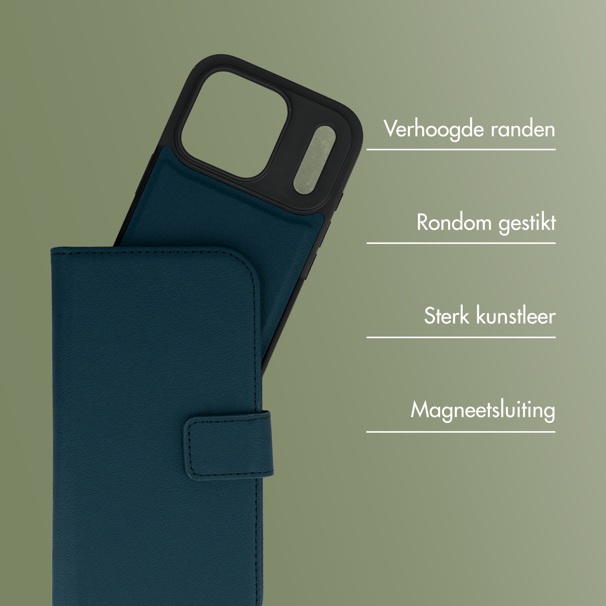 Donkerblauwe telefoonhoes met verhoogde randen en magneetsluiting.