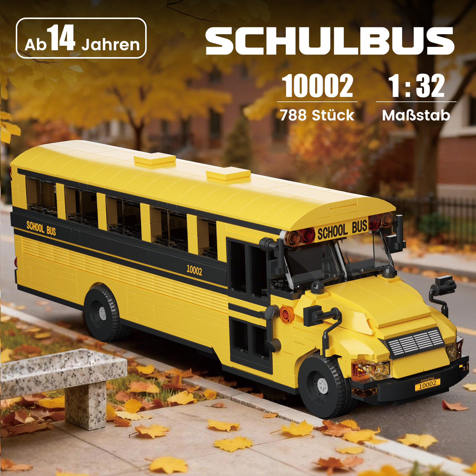 Ein gelber Schulbus-Bausatz mit schwarzen Akzenten steht draußen.