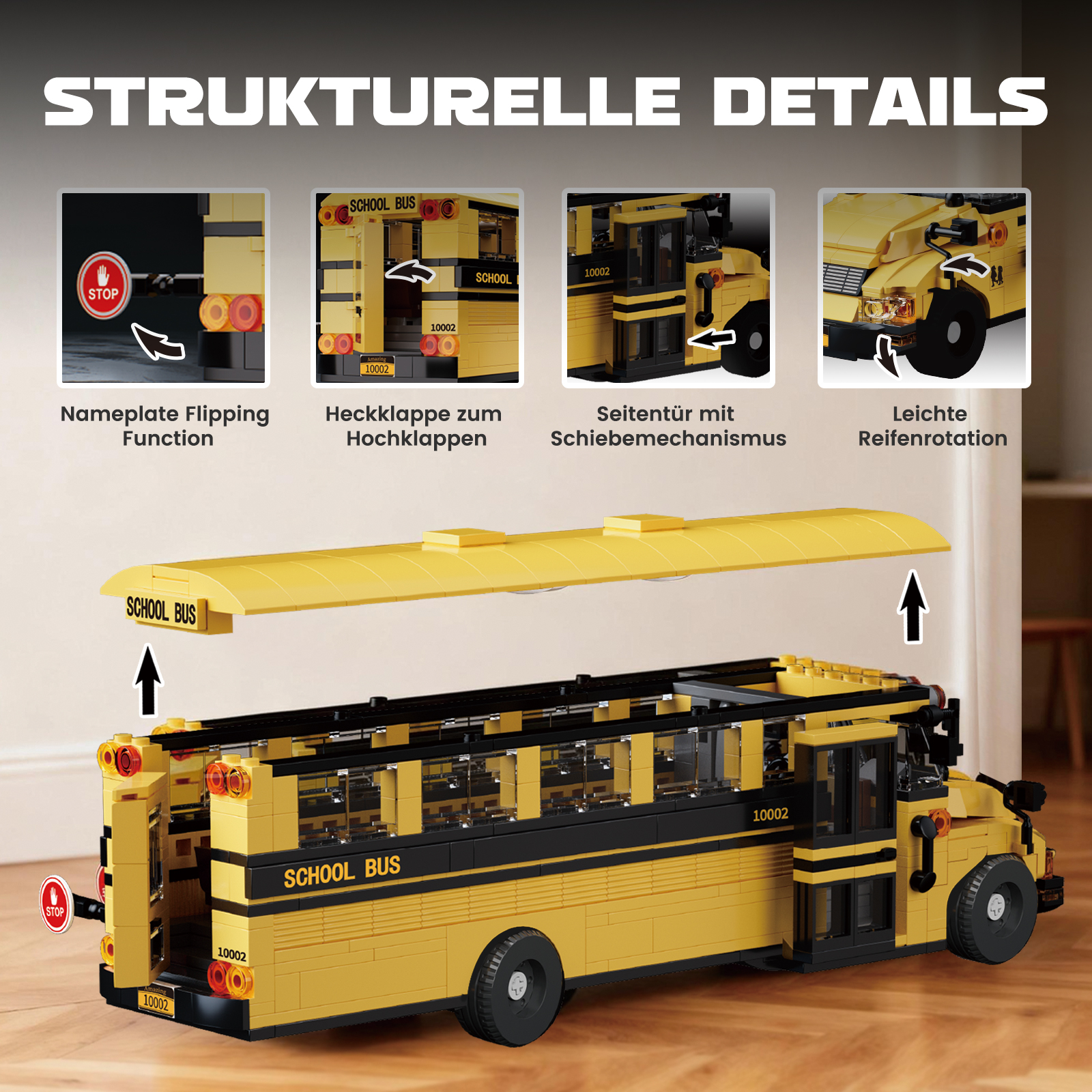 Ein gelber Lego-Schulbus mit offenen Details, wie abnehmbarem Dach und Türen.