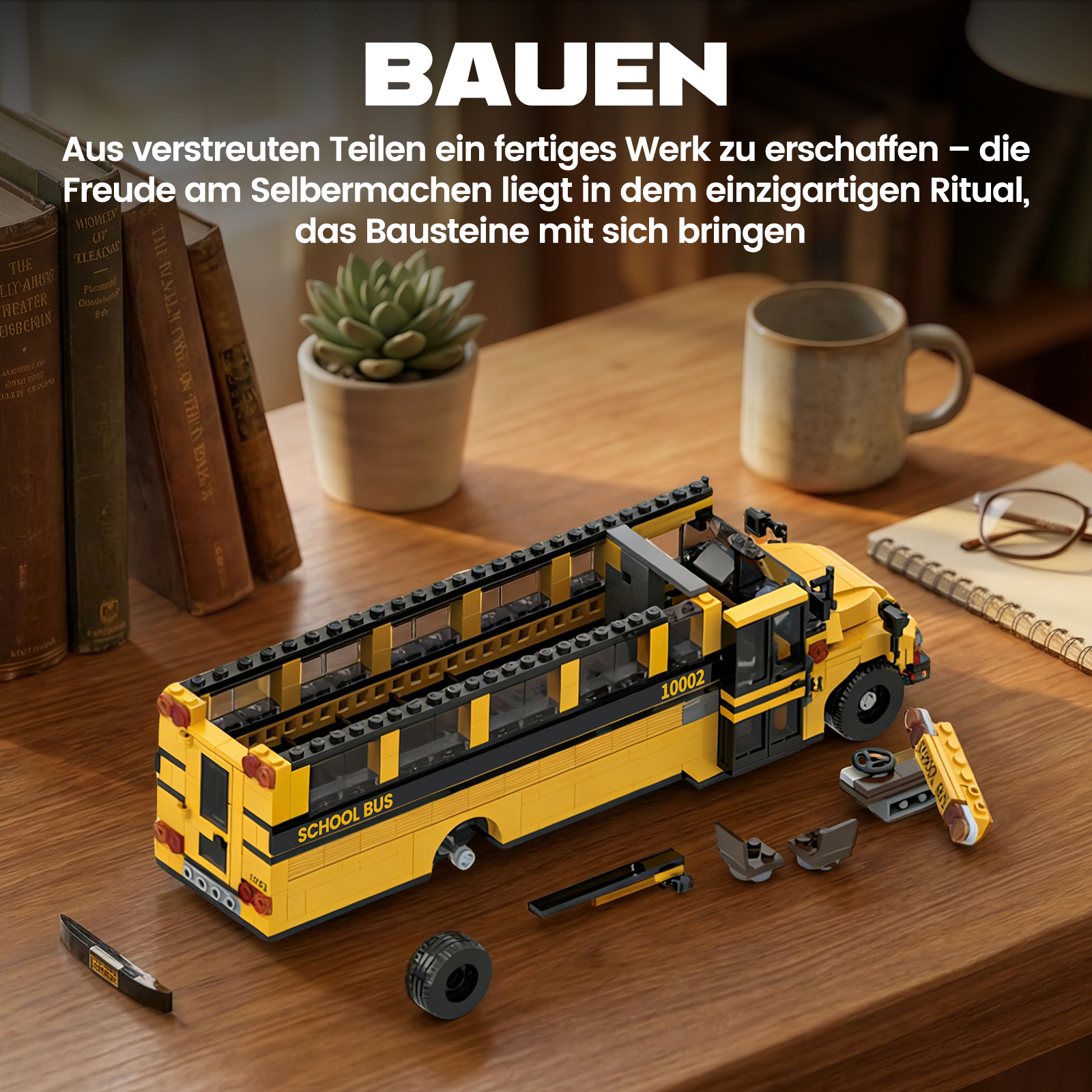Ein gelber Lego-Schulbus wird auf einem Holztisch zusammengebaut.