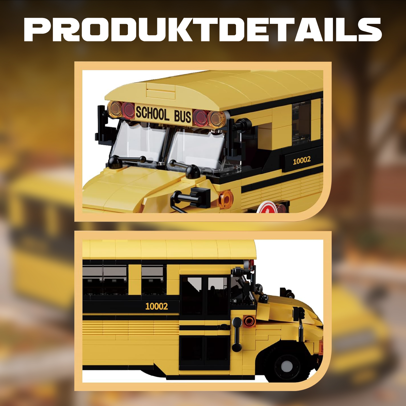 Gelber Lego-Schulbus mit schwarzen Akzenten und der Nummer 10002.