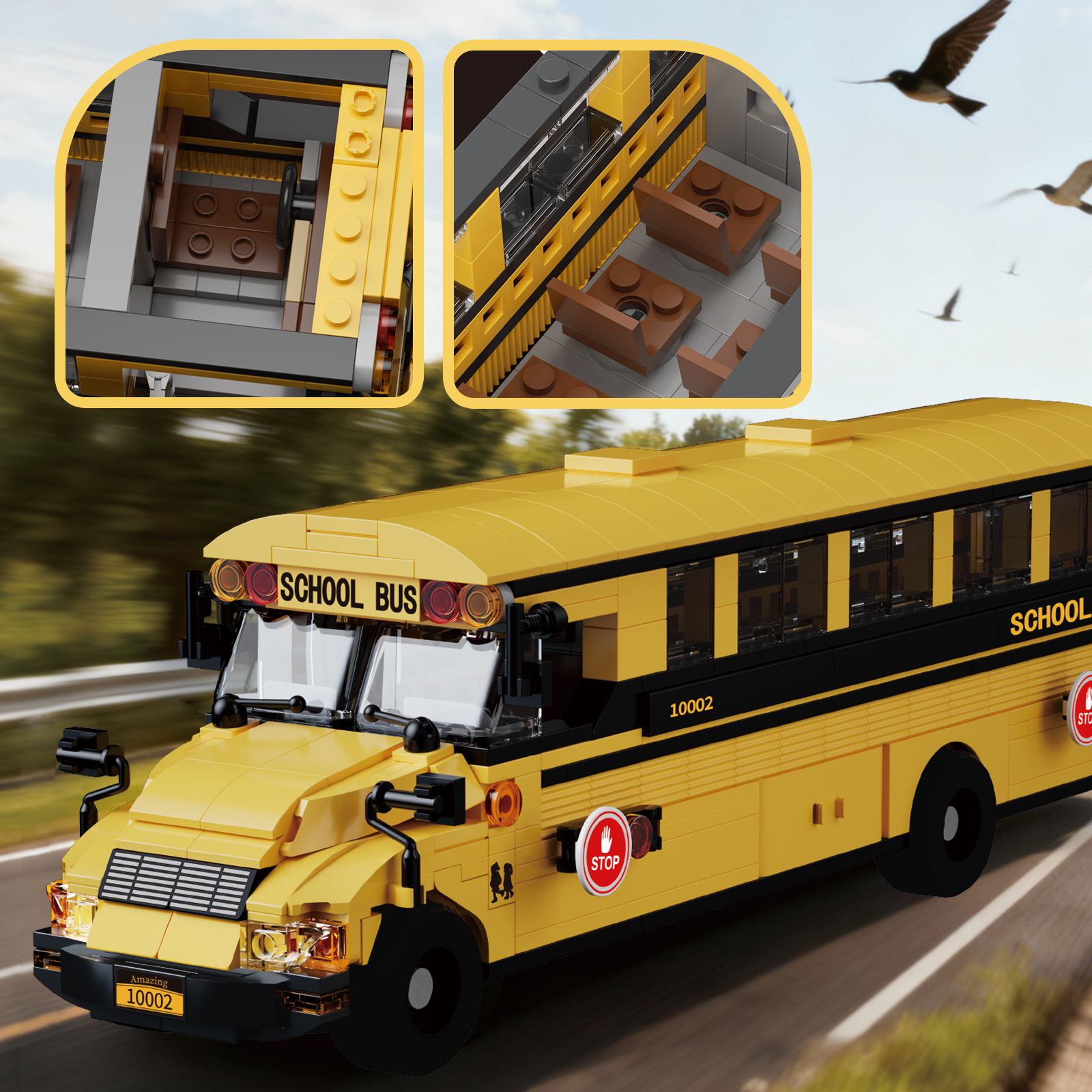 Ein gelber Schulbus aus Legosteinen fährt auf einer Straße. Innen sind Sitze zu sehen.