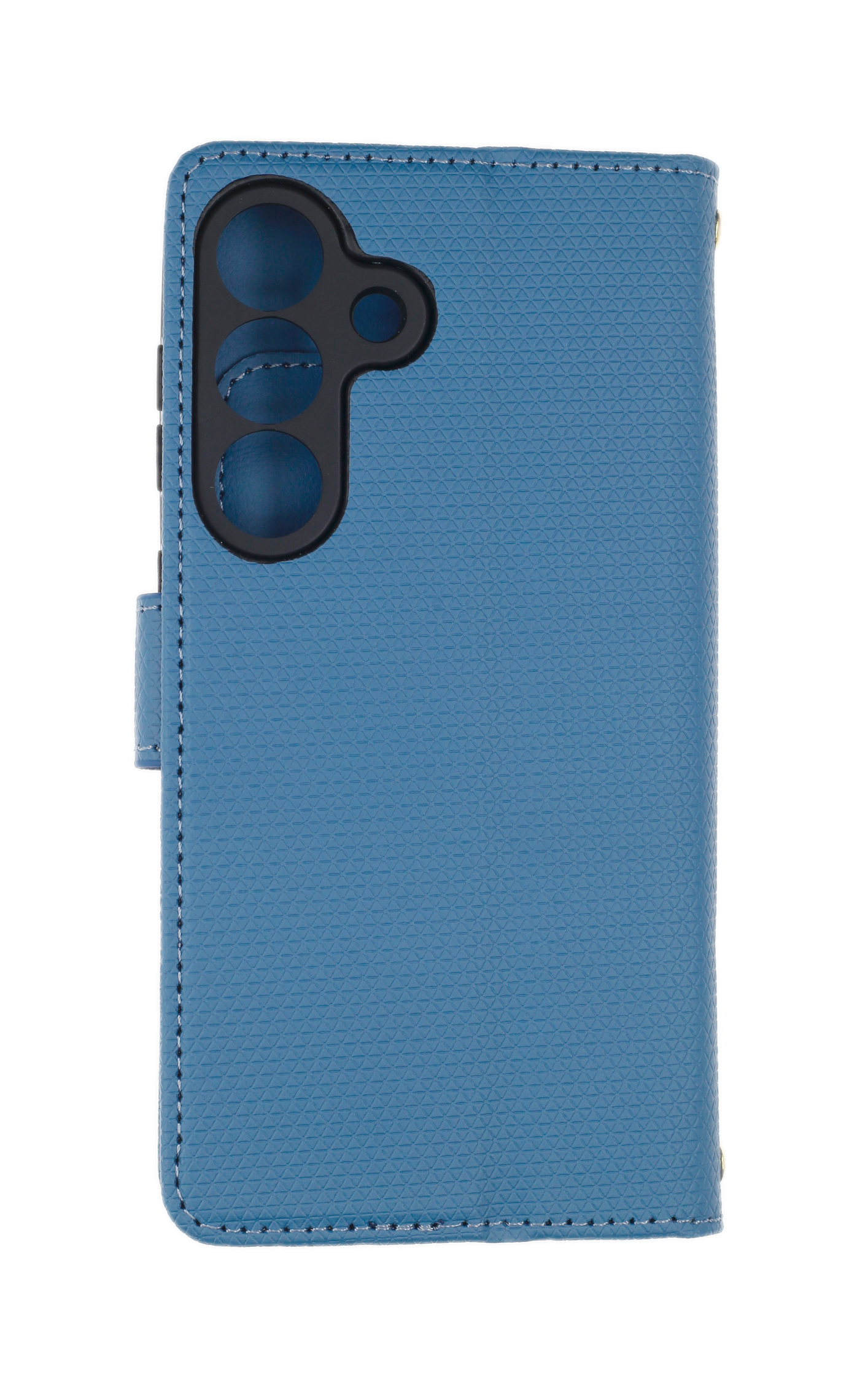 Blaue Handyhülle mit Kameraloch und Prägung, auf weißem Hintergrund.