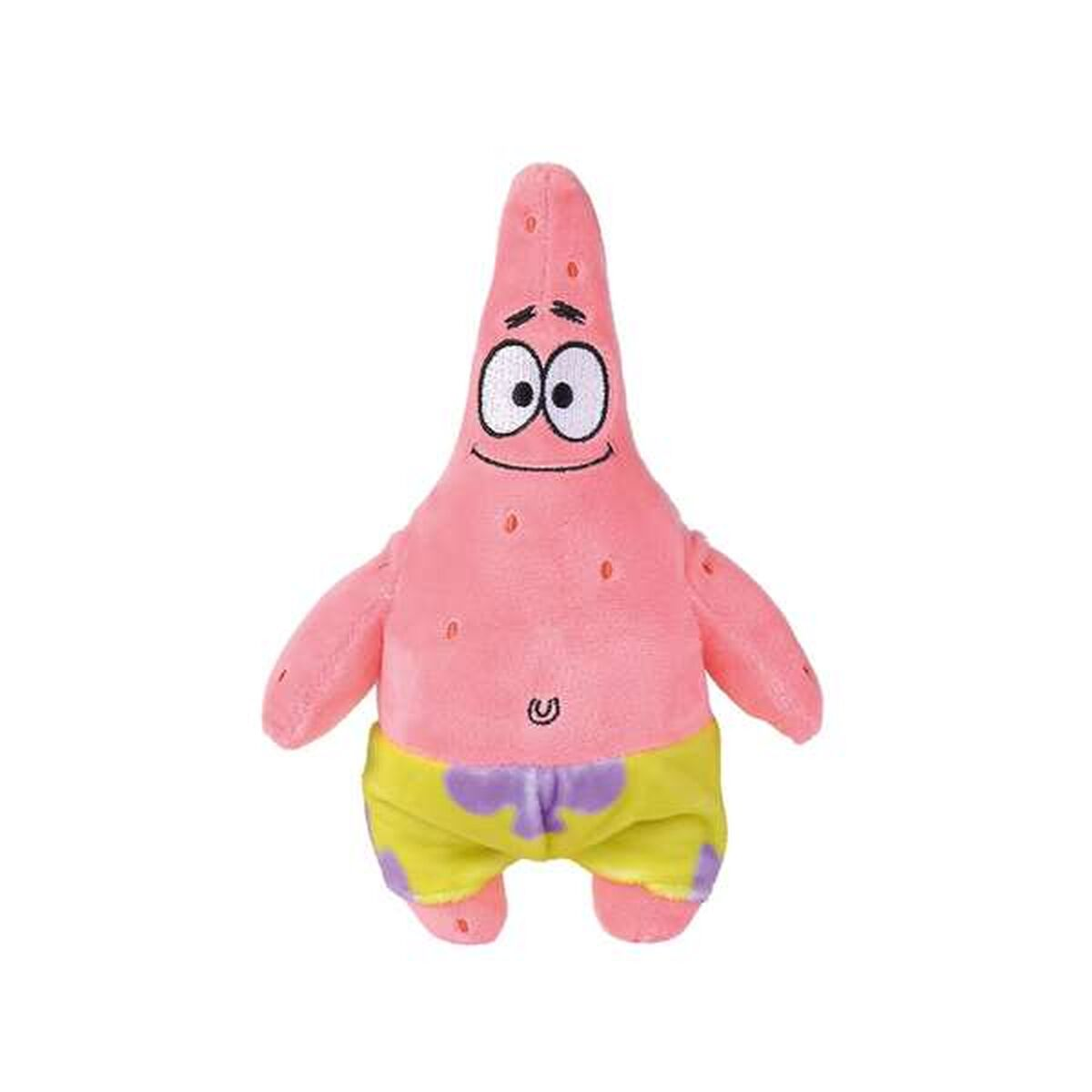Ein rosa Plüsch-Seestern-Charakter mit lila Schwimmhose.