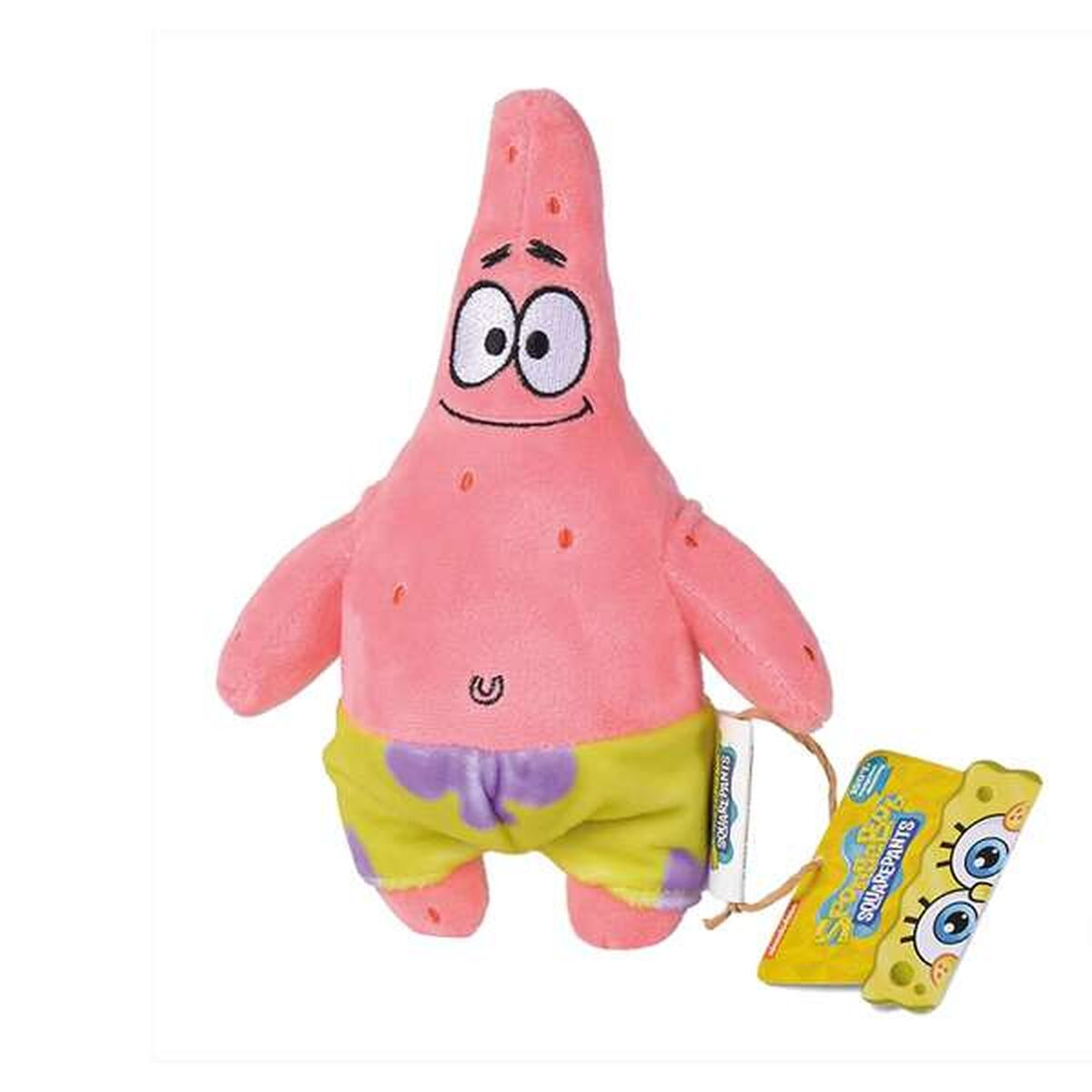 Ein rosafarbener Patrick Stern Plüsch mit gelber Hose mit lila Muster.