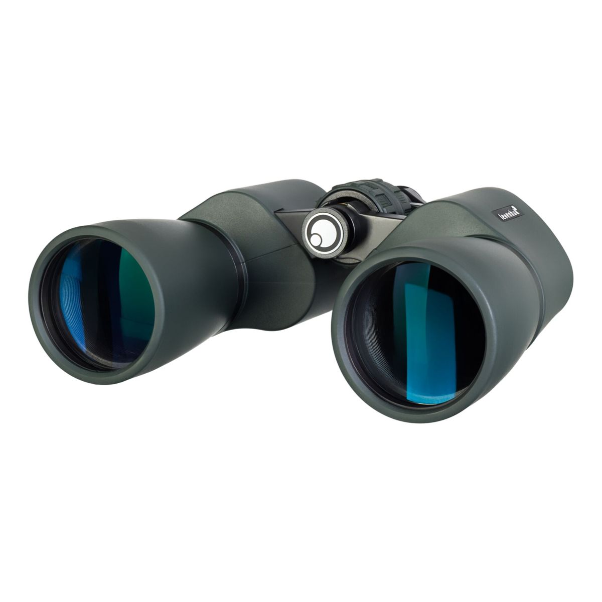 Dunkelgrüne Fernglas mit blau reflektierenden Linsen und Fokusrad.