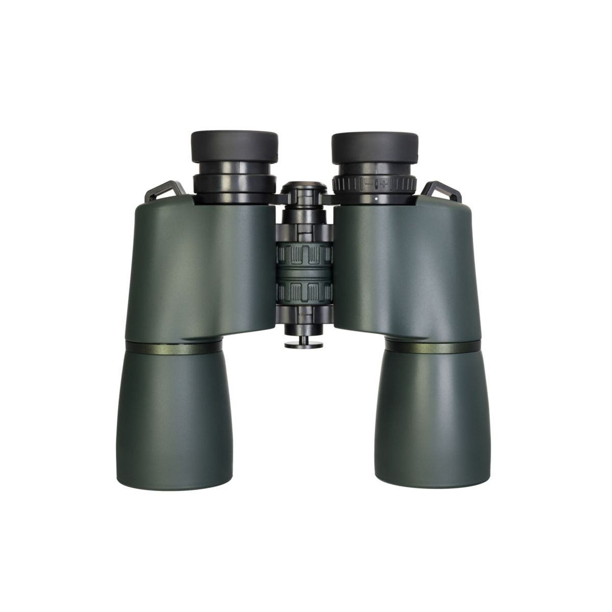 Dunkelgrüne Fernglas mit schwarzen Okularen und Fokusrad.