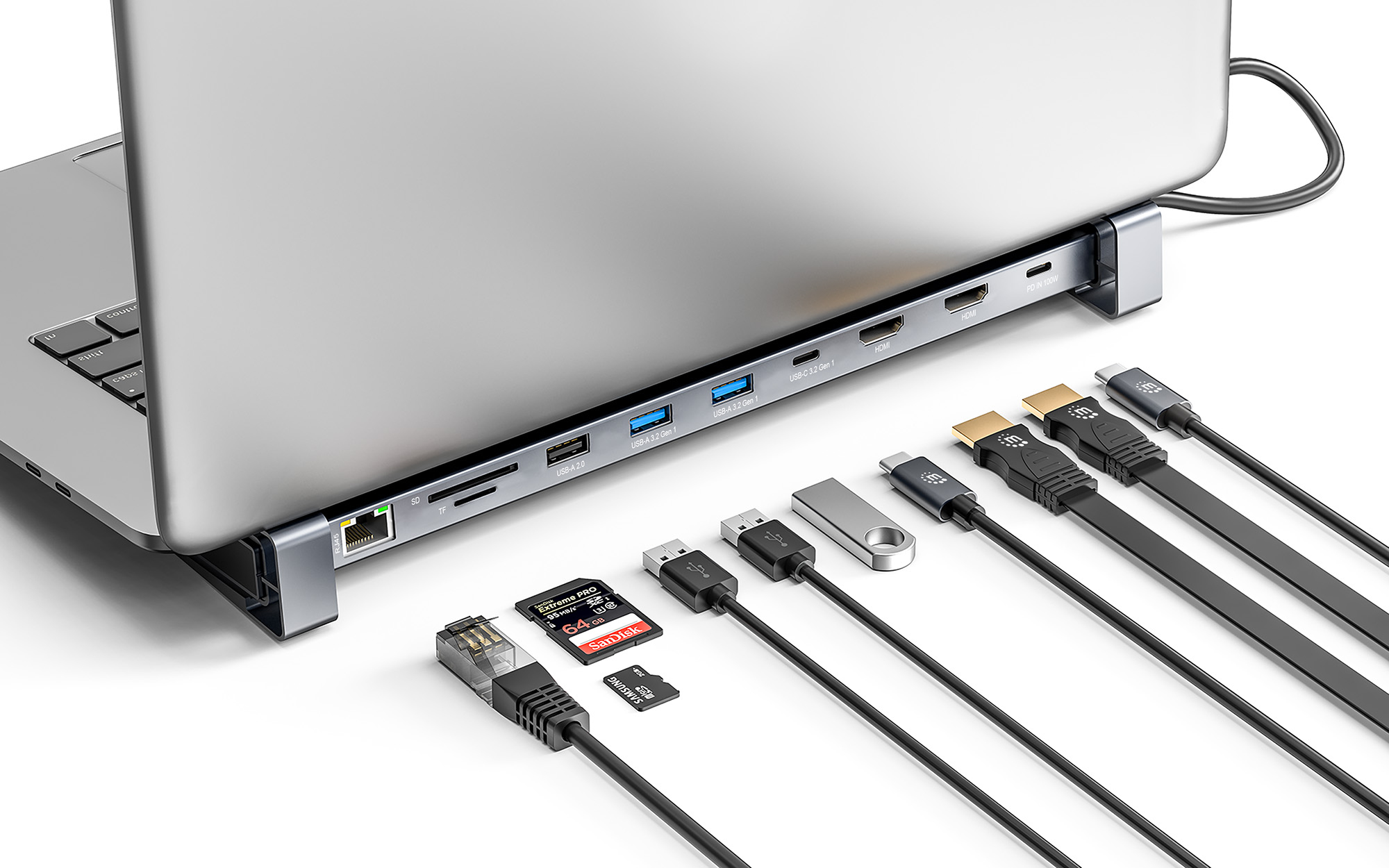 Ein Laptop-Dock mit vielen Anschlüssen und Kabeln wie USB, HDMI und Ethernet.
