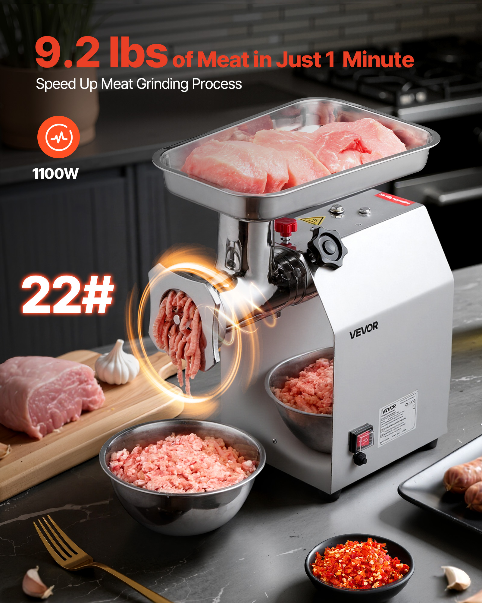 Picadora de carne de 1100W, muele 9,2 libras de carne por minuto. Con carne, ajo, especias.