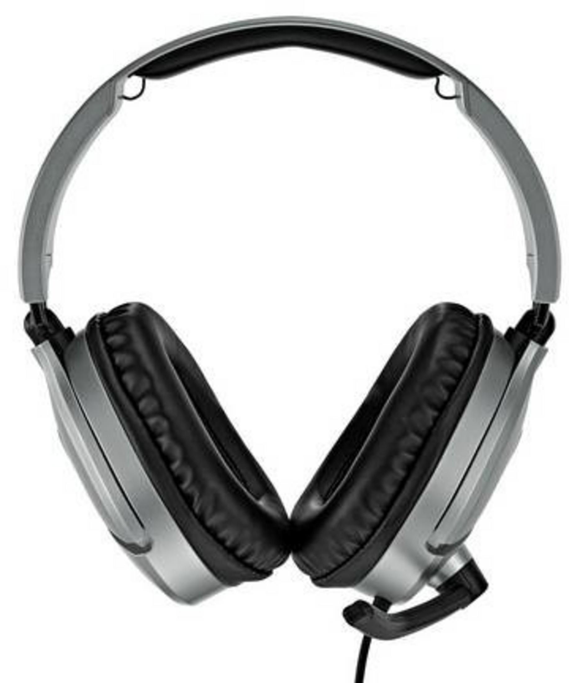 Srebrne słuchawki z czarnymi nausznikami i mikrofonem.